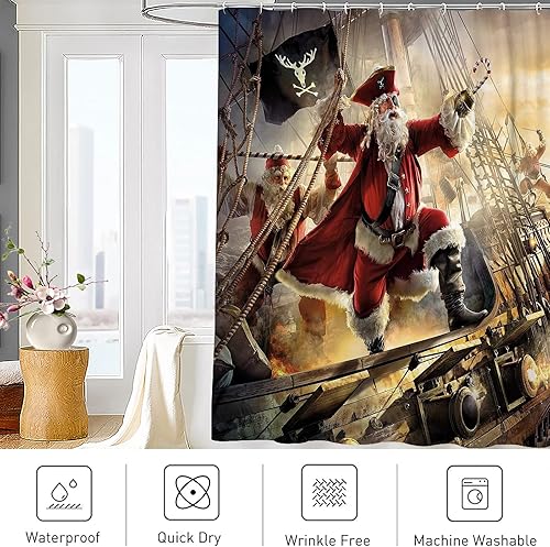 Miniatura 4 de Old Pirate Ship in the Sea Retro Christmas Santa Claus Voyage Art Juego de cortinas de ducha con ganchos, tela de poliéster, gran regalo