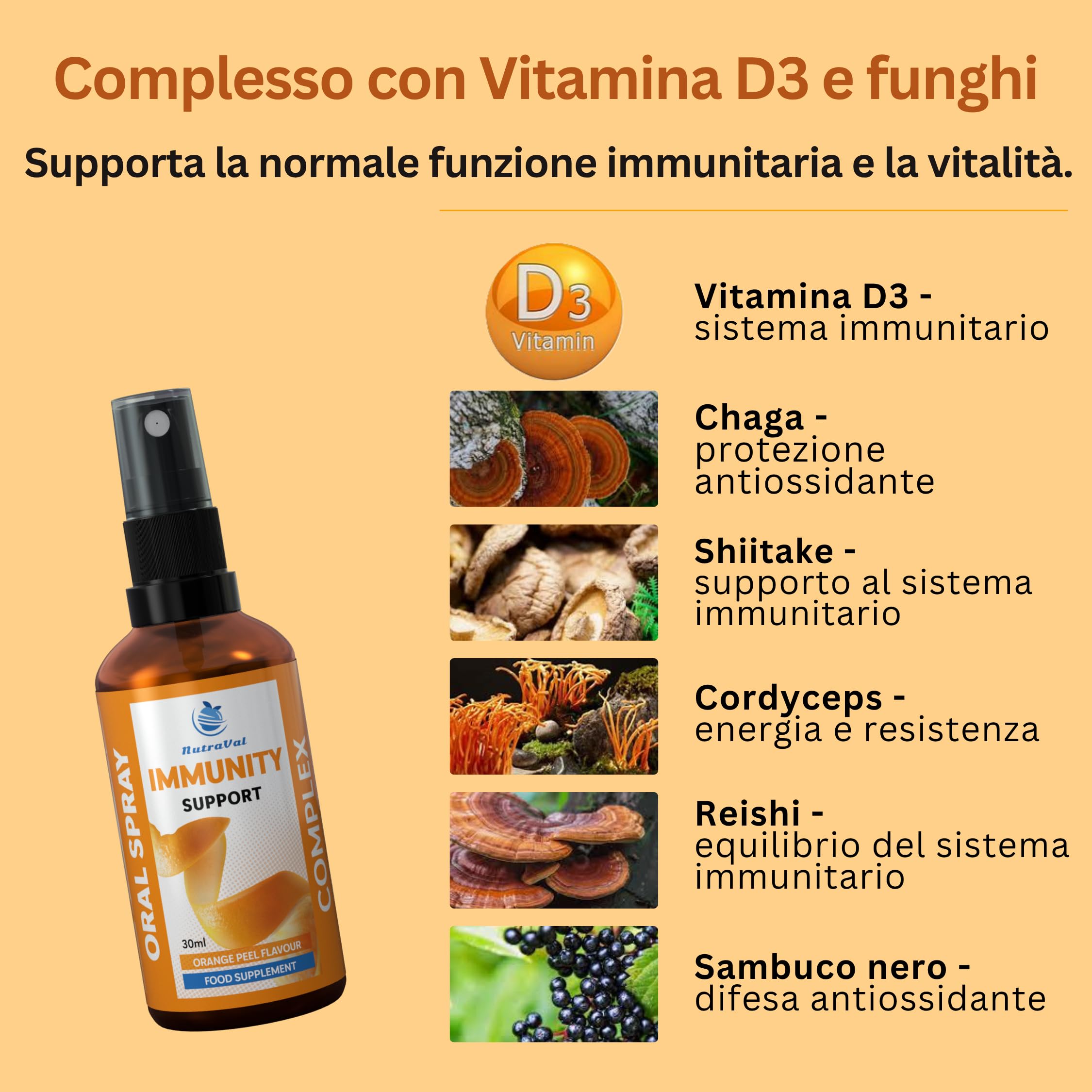 Spray Immunità con Complesso di 4 Funghi | Chaga, Reishi, Shiitake & Cordyceps | Vitamina D3 2000 UI – Immunità, Ossa & Muscoli | Sambuco Nero | Assorbimento Rapido – Senza Compresse | Vegano | 30 ml