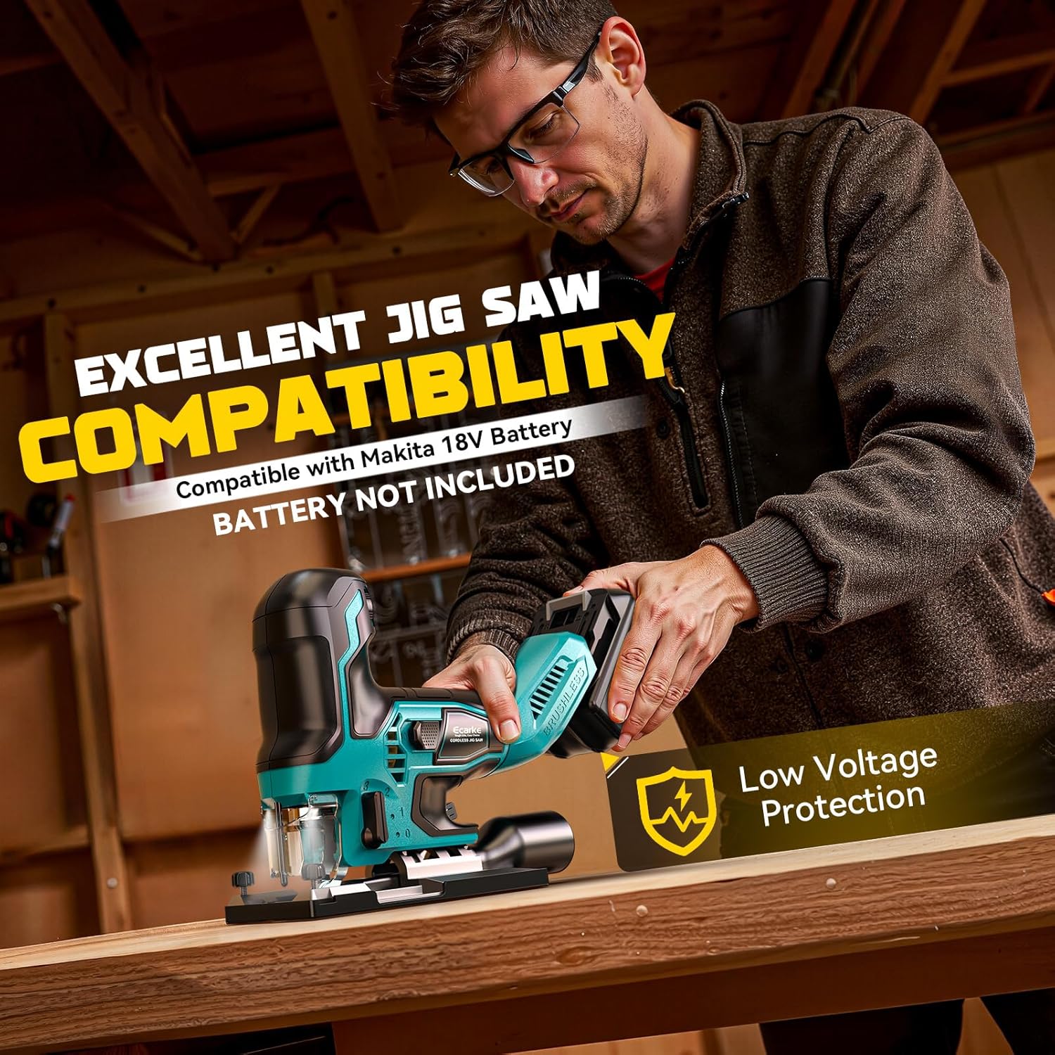 Ecarke Cordless&Brushless Jig Saw Compatible With Makita 18V Battery, 3800RPM, 7 Speeds Dial Control, Free-Tool ±45° Bevel Cuts, 4 Orbital Action, Dust Blows and 6 Blades For Cutting (Only Tool)