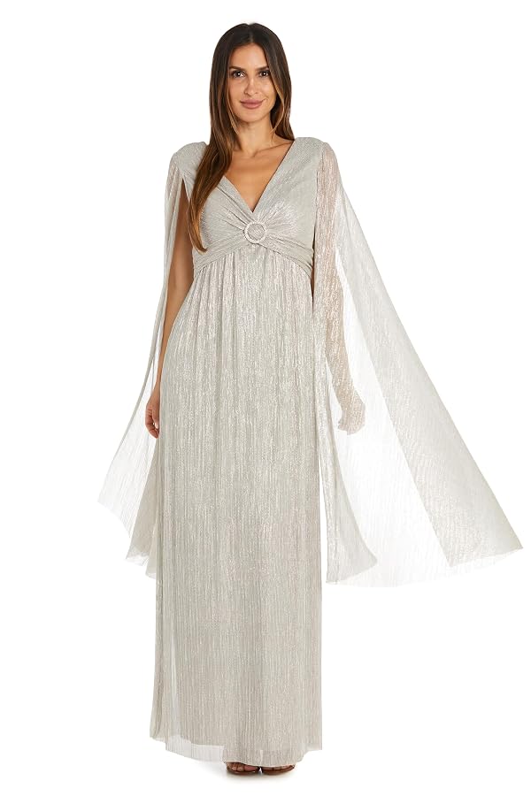 R&M Richards Women's V-Neck Crinkle Pleat Maxi Dress W/Long Cape Flutter Sleeves & Rhinestone Accent - Cocktail & Party Gown Champagne by R&M Richards - Used condition - US$38.02