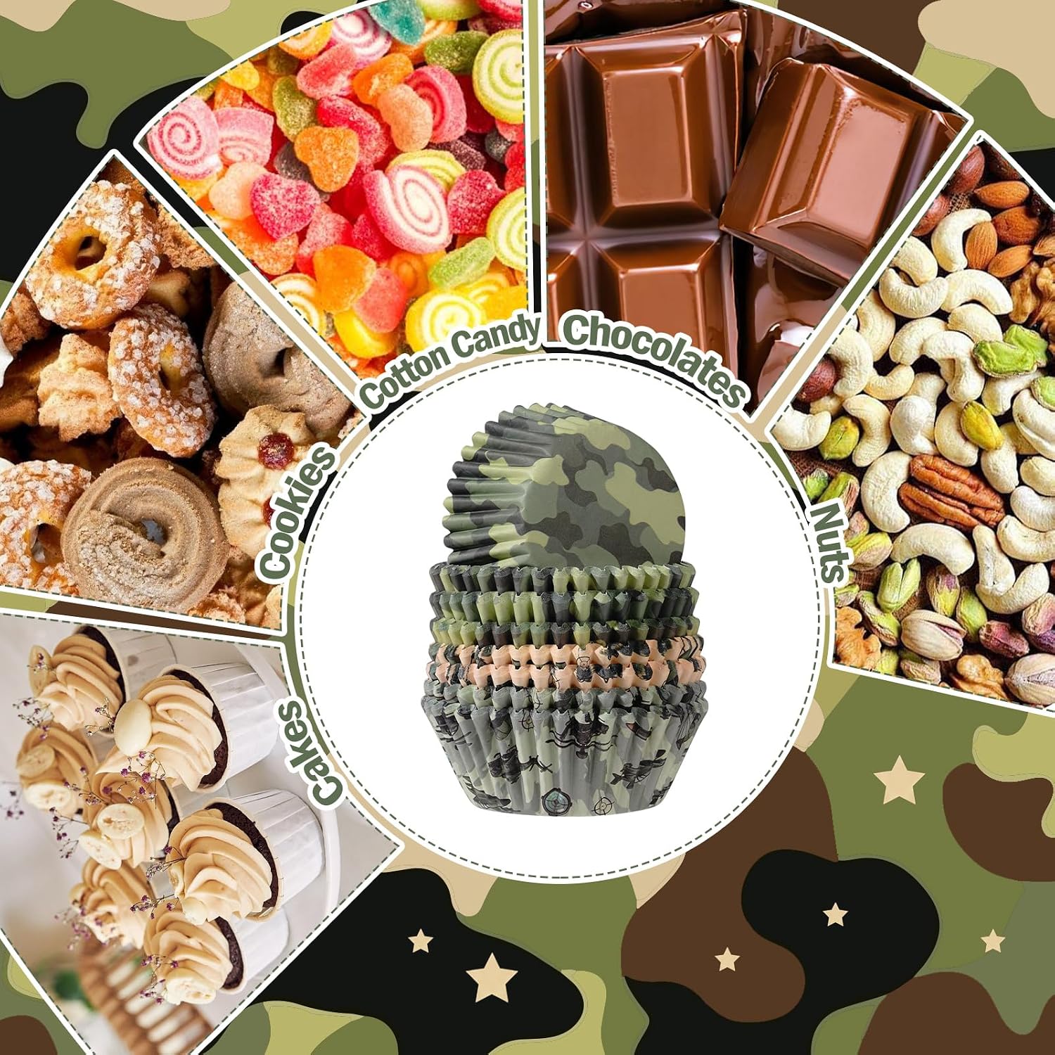 200 Pieces Camo Cupcake Liners, Camouflage Military Standard Size Paper Baking Cups, Army Muffin Liners Cupcake Wrappers for Birthday Baby Shower Patriotic Veterans Camping Hunting Party Decor