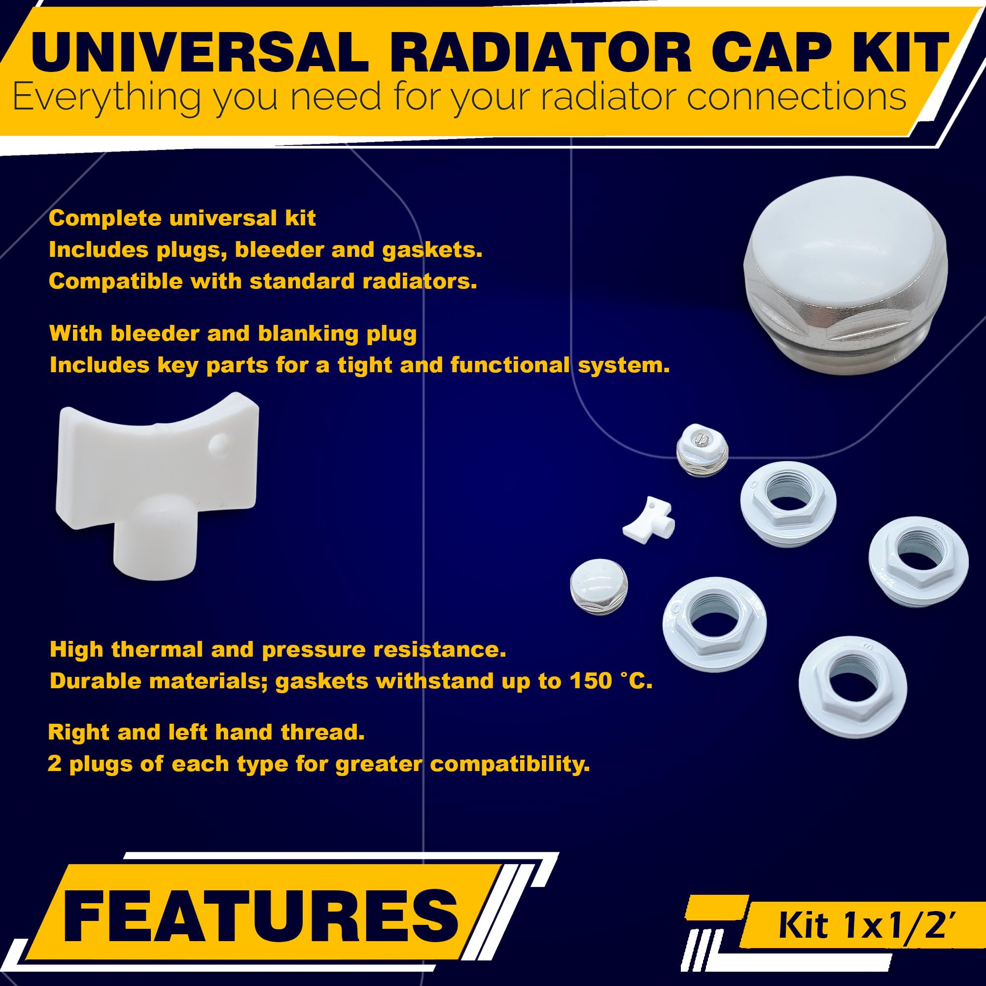 DOJA Barcelona Kit Tappi Radiatore 1/2 Bianco in Alluminio - Riduzione Filettatura, Sigillatura Per Tubi Idraulici, Termosifone e Termosifoni con Valvola Integrata Progettato Per Durata E Sicurezza