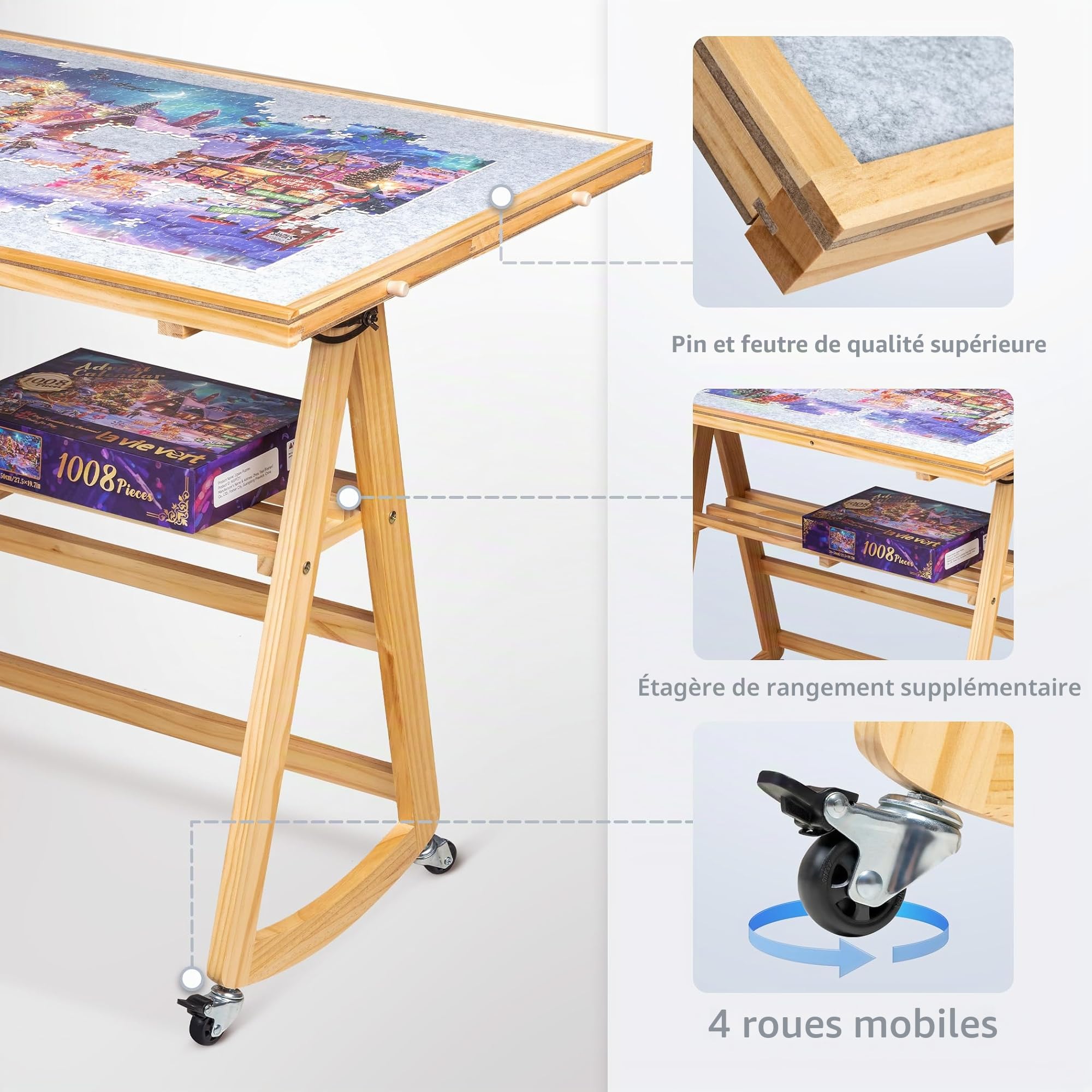 Lavievert Table de Puzzle Inclinable de 1500 Pièces Avec 5 Tiroirs Colorés et Couvercle, Planche Réglable en Bois Avec Rangement Pour Adultes, Portable Avec Pieds, 4 Roues