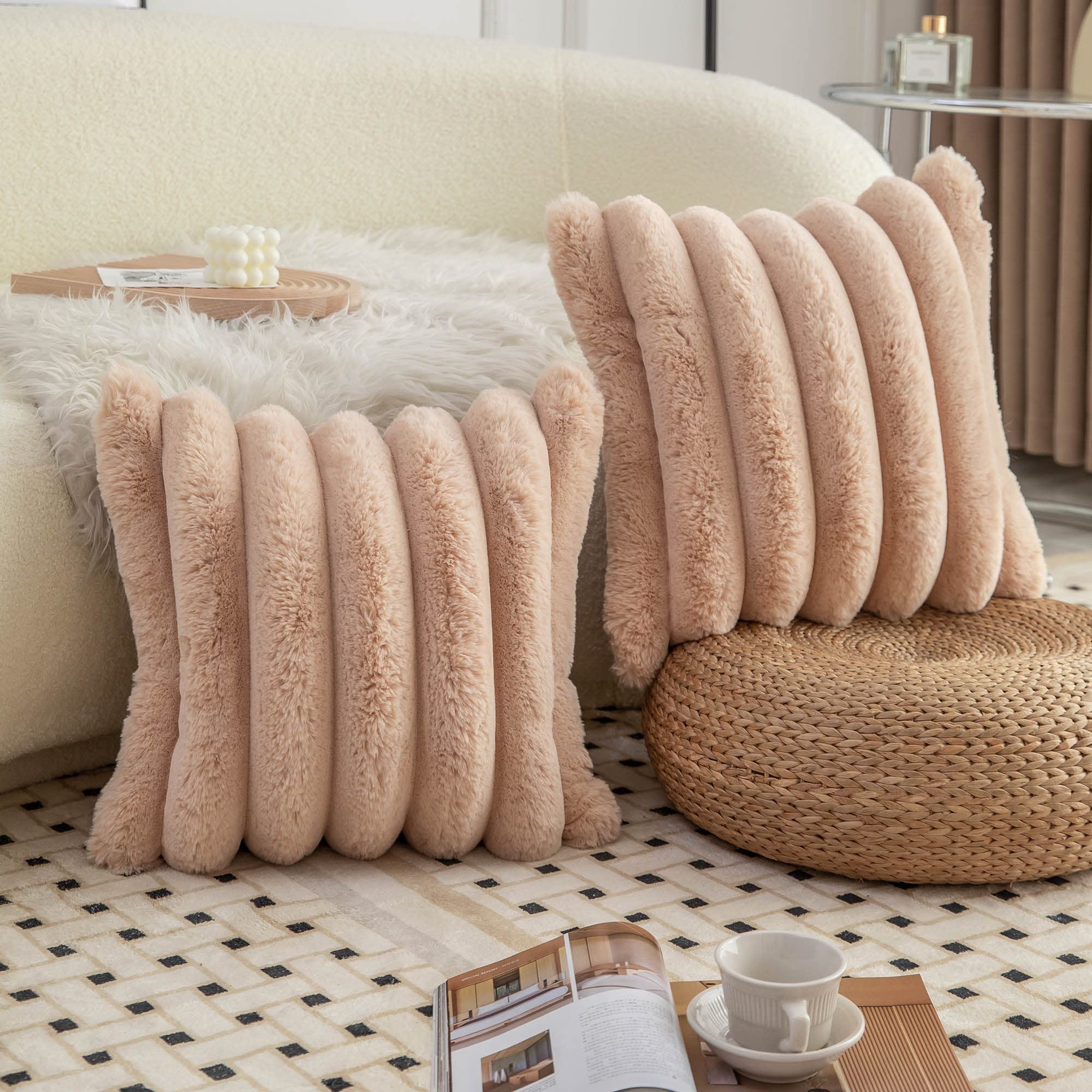 Neelvin Camel Faux Fur Cozy Soft Striped Decorative Throw Pillow Covers 24x24 inch(60x60cm) Set of 2,Velvet Pillowcase Cushion Case for Sofa Couch - Image 2