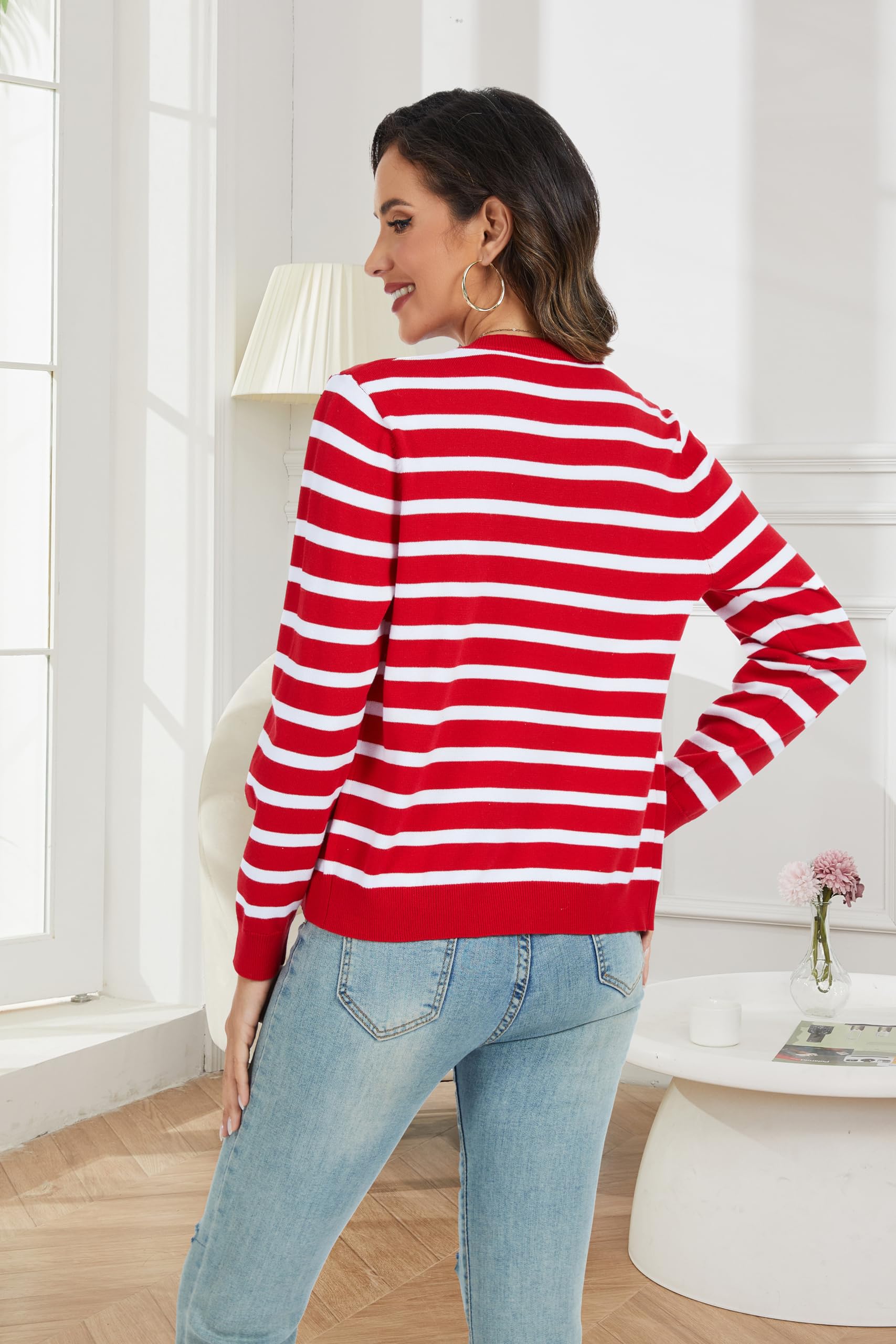 CUNYI Cardigan de Punto para Mujer Rebeca Cuello Redondo Clásico Manga Larga Chaqueta de Mujer con Botones Abrigo Elegante, Rojo y Blanco S