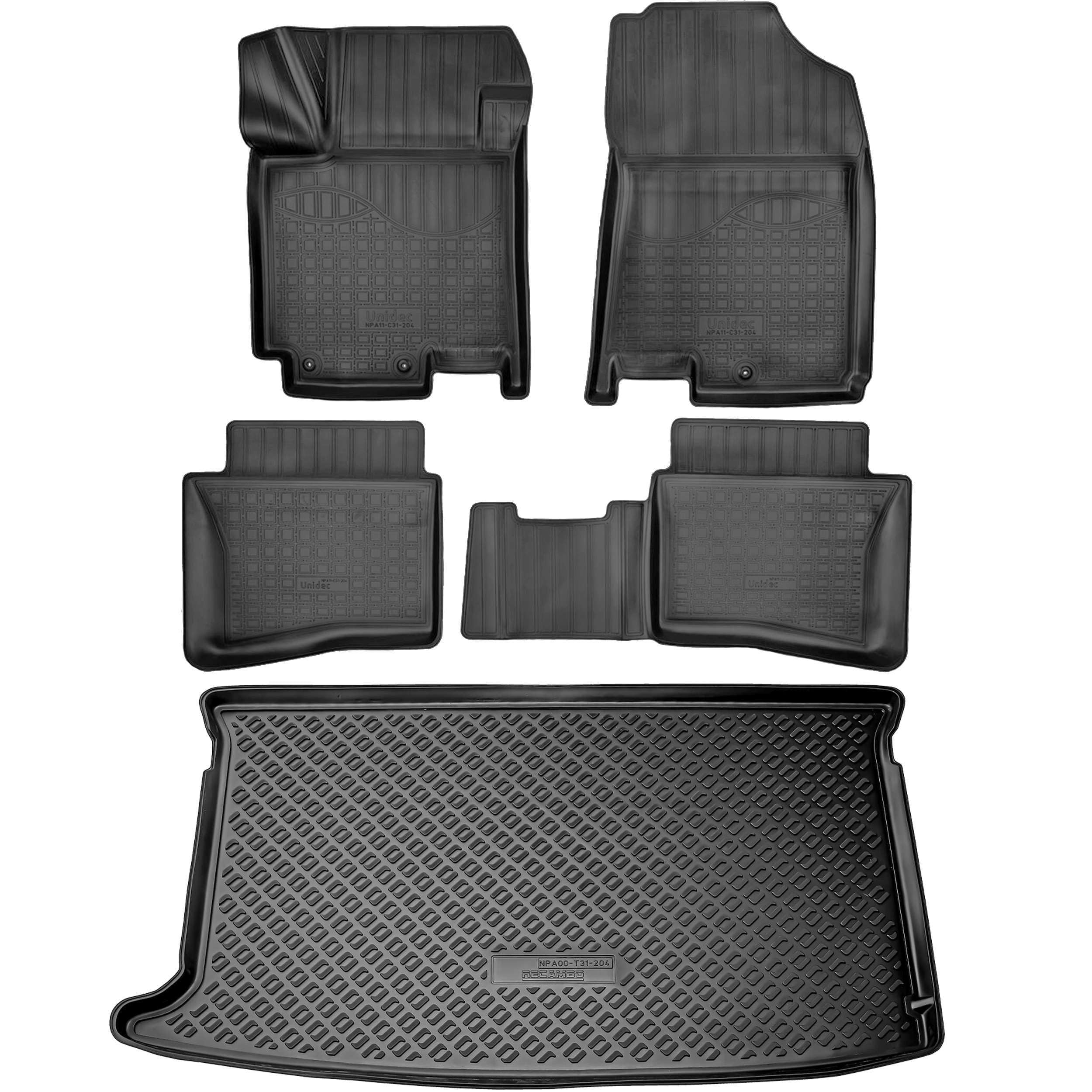 RECAMBO Juego de Alfombrillas de Goma y Bandeja para Maletero para Hyundai i20 II, Tipo GB, a Partir de 2014 100% a Medida, Alfombrillas y Maletero de TPE Antideslizante, Color Negro