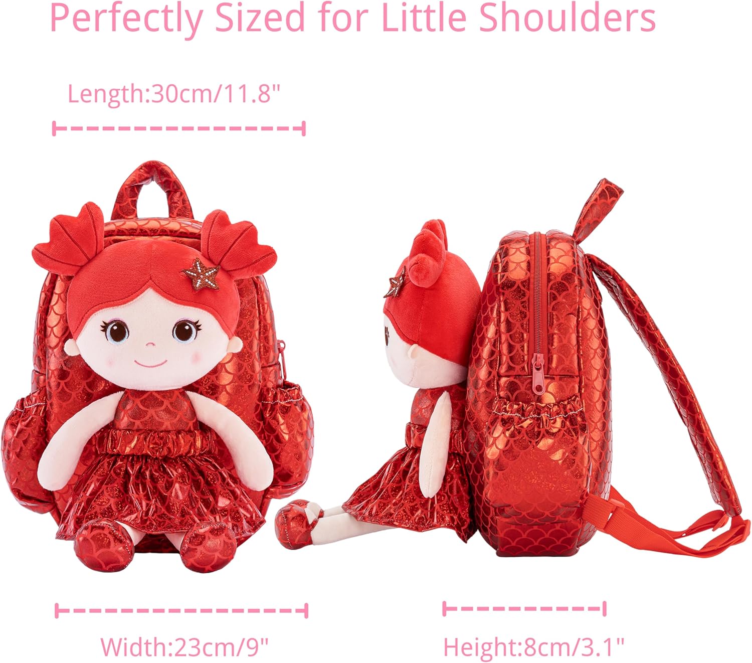 Lazada Toddler Backpack - Baby Girl Gifts Plush Doll Dress Backpack - Fashion Girls Tina Fish Scale Series - Red 11 Inches