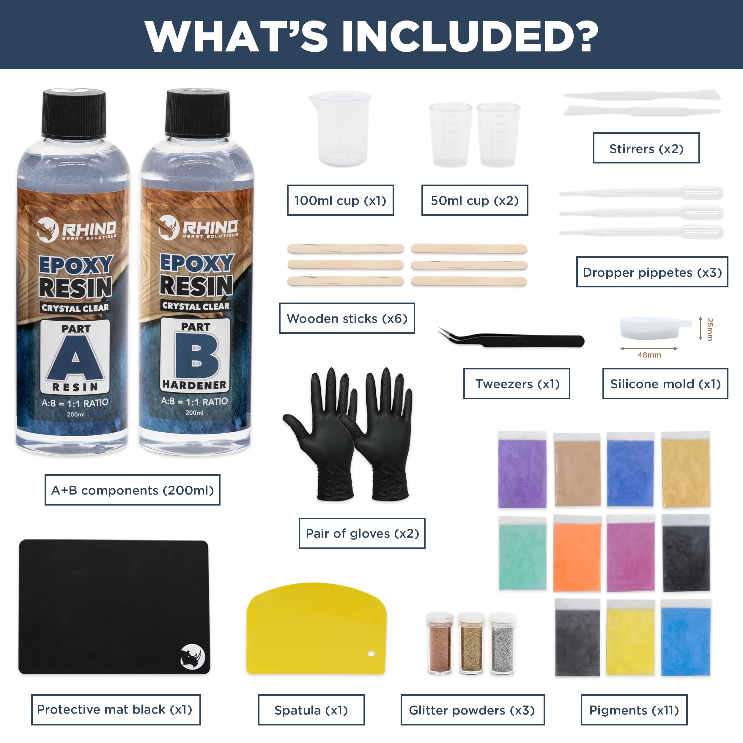 Kit Resina Epoxi Transparente RHINO Smart Solutions - Set de Iniciación Resina Liquida + Endurecedor (1:1) con Accesorios, Pigmentos y Molde para Manualidades, Joyería, Bricolaje, Recubrimiento