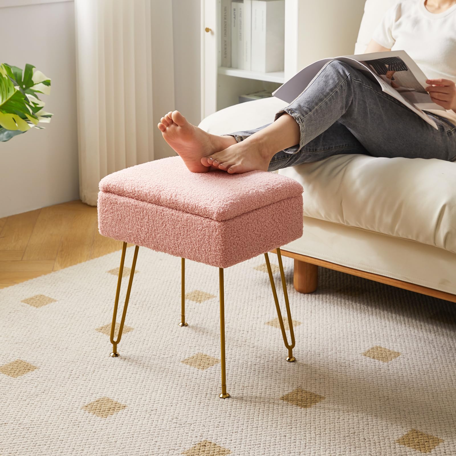 YMYNY Make-upkruk, stoel met opbergruimte, vierkante poef van teddy, fluweel, moderne multifunctionele make-upkruk voor slaapkamer, woonkamer, 40 x 30 x 47 cm, roze HBD031P YMYNY Make-upkruk, stoel met opbergruimte, vierkante poef van teddy, fluweel, moderne multifunctionele make-upkruk voor slaapkamer, woonkamer, 40 x 30 x 47 cm, roze HBD031P