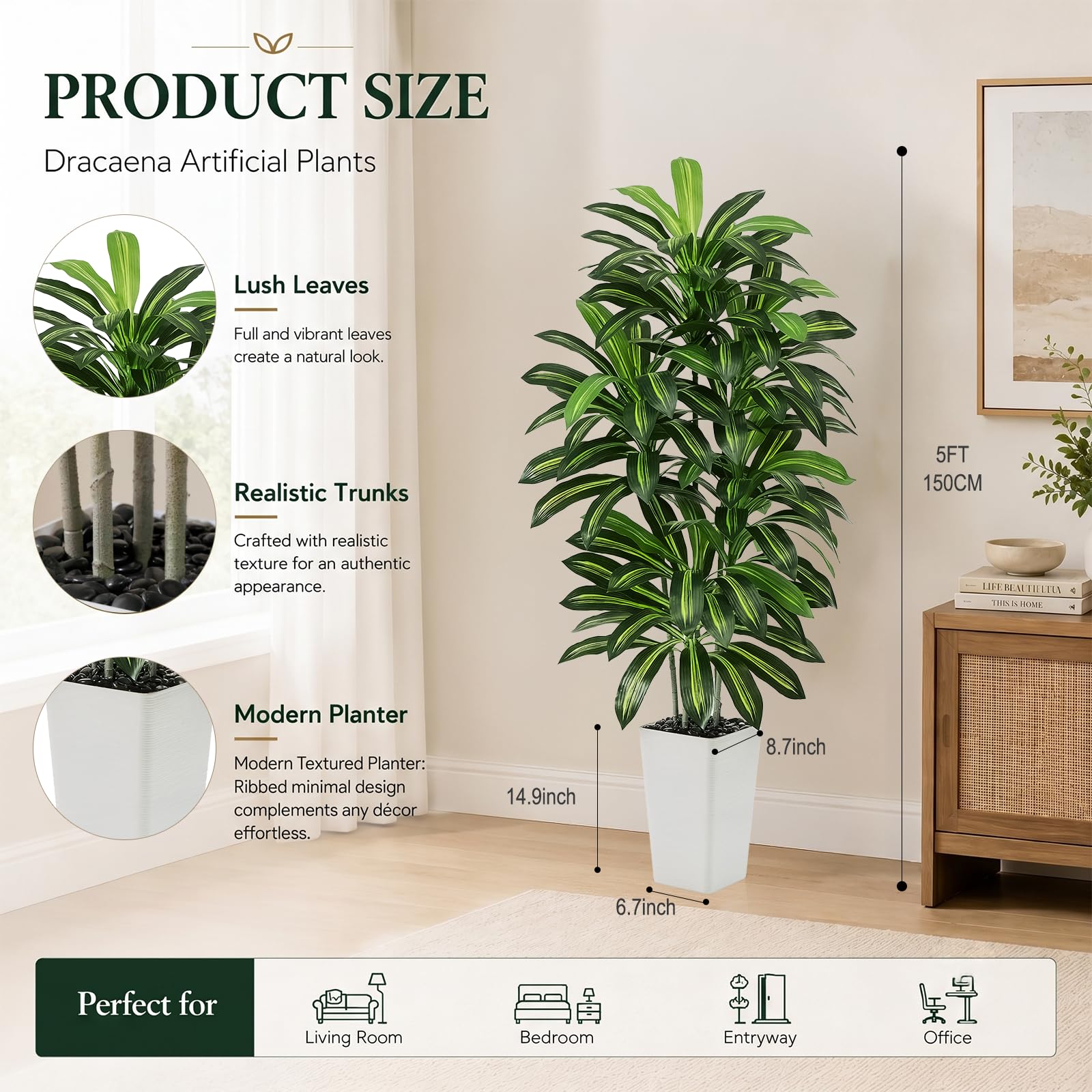 Dracaena Artificiale per Interni 150cm Albero Finto con Fioriera Bianca Alta, Pianta Finta Alta in Vaso, Pianta di Seta Artificiale per la Decorazione Della Casa, Ufficio, Soggiorno, Veranda, Patio
