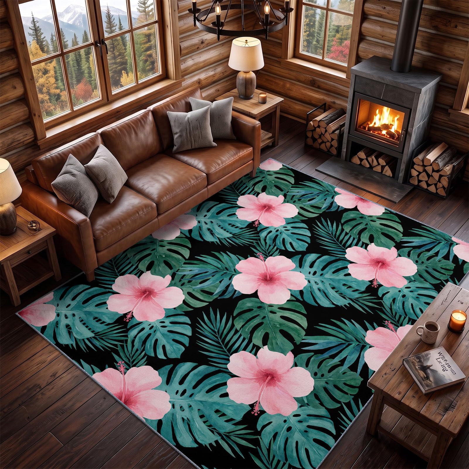 Tapis Lavable Machine Salon 80 x 150 cm, Antidérapant Sol Fleurs Tropicales Poil Bas Doux Feuilles Vertes Tropicales Hibiscus Motif Chambre Cuisine Entrée Salle Détente Décoration Maison, Noir