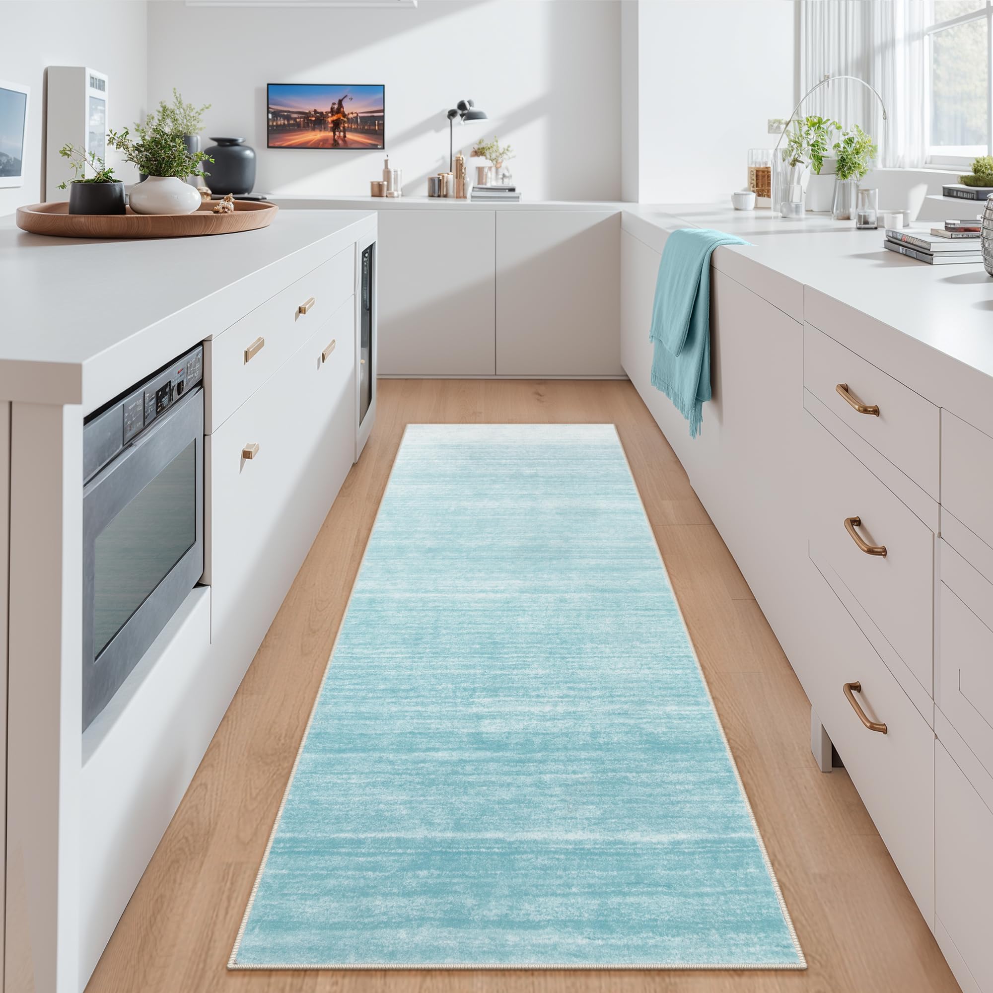 Lahome Modern Ombre Hallway Rug, 2x6 Kitchen Runner Rugs Non Skid Washable Runner Soft Gradient Ultra-Thin Bathroom Carpet for Bedroom Laundry（2'x6',Blue Blue 2'x6'