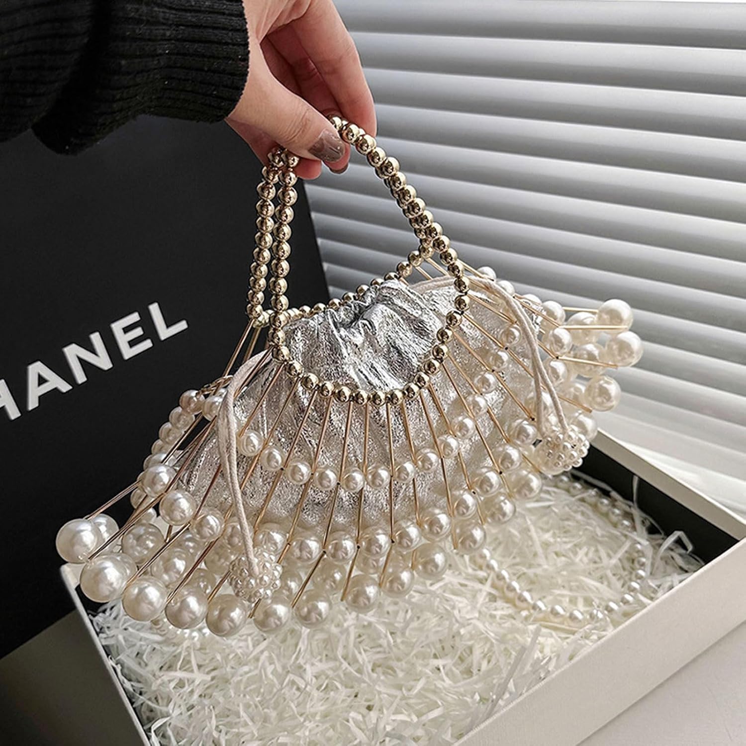 SHESRA Luxury Pearl Bag Chain Bag Purse Evening Bags, Artificial Pearl Clutch Handmade Bags for Party Wedding Bridal Travel 07