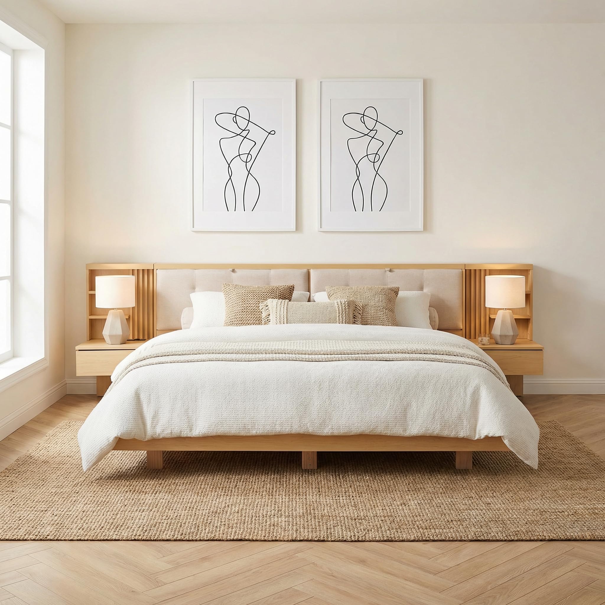 Estructura de Cama Flotante 180x200cm con Cabecero Modular Simetrico de Almacenamiento Compartimentos Abiertos Cajones de Guardado y Base de Lamas de Madera para Adultos Naturalmente