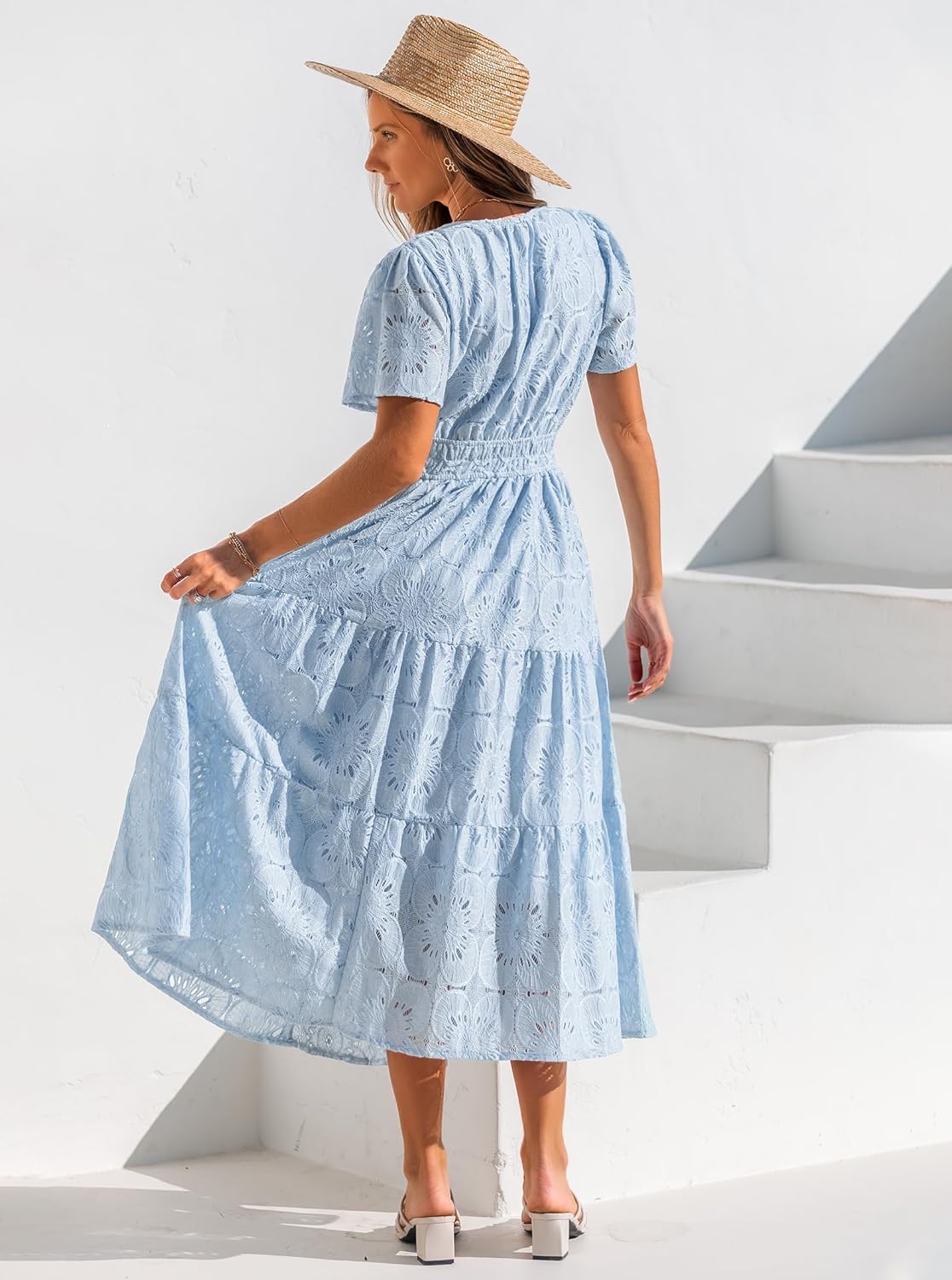 Summer Flowy Maxi Dresses for Women 2026 Spring Vacation Eyelet Lace Short Sleeve Wedding Guest Casual Boho Dresses - Image 5