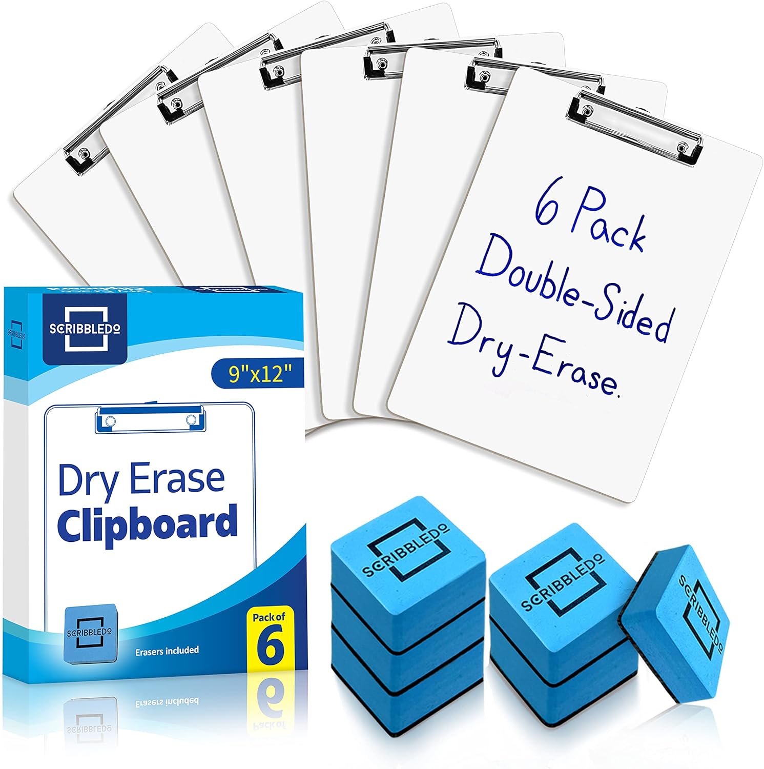 Dry Erase Clipboards Pack of 6, Durable Double-Sided 9"x12" White Clipboard with 6 Dry Erase Erasers, White Board Clipboard with Low Profile Clip for School, Classroom and Home Use : Office Products