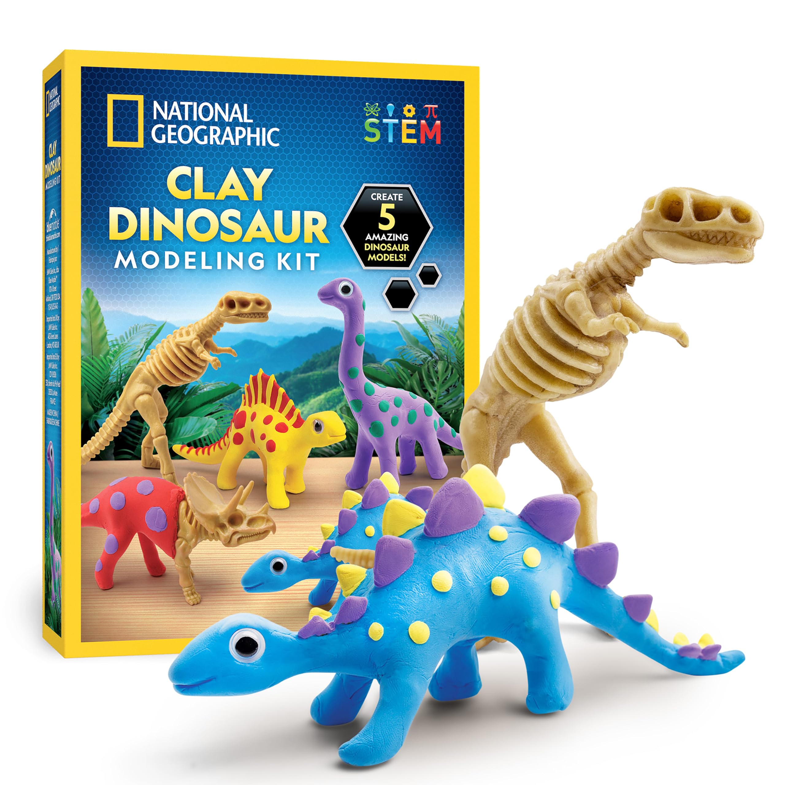 NATIONAL GEOGRAPHIC Clay Dinosaur Craft Kit, Dinosaur Arts & Crafts for Kids with 5 Colors of Air Dry Clay, 5 Dino Skeletons
