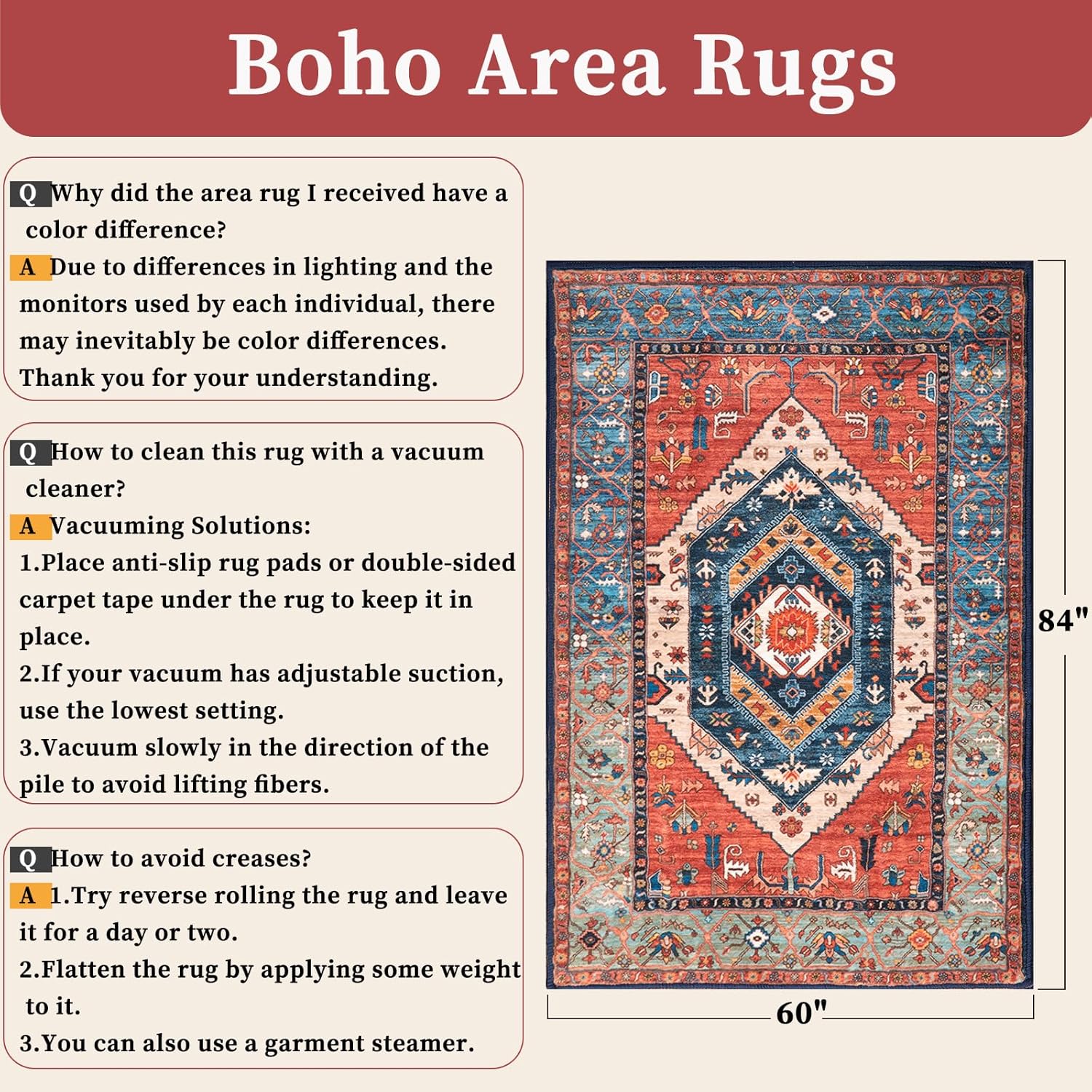 SERISSA Washable Rug 5x7 Boho Area Rugs, Washable Large Rugs for Living Room, Ultra Soft Non-Slip Rust Rug Print Distressed Vintage Farmhouse Carpet for Bedroom Dining Room Dorm Office Home Decor - Image 2