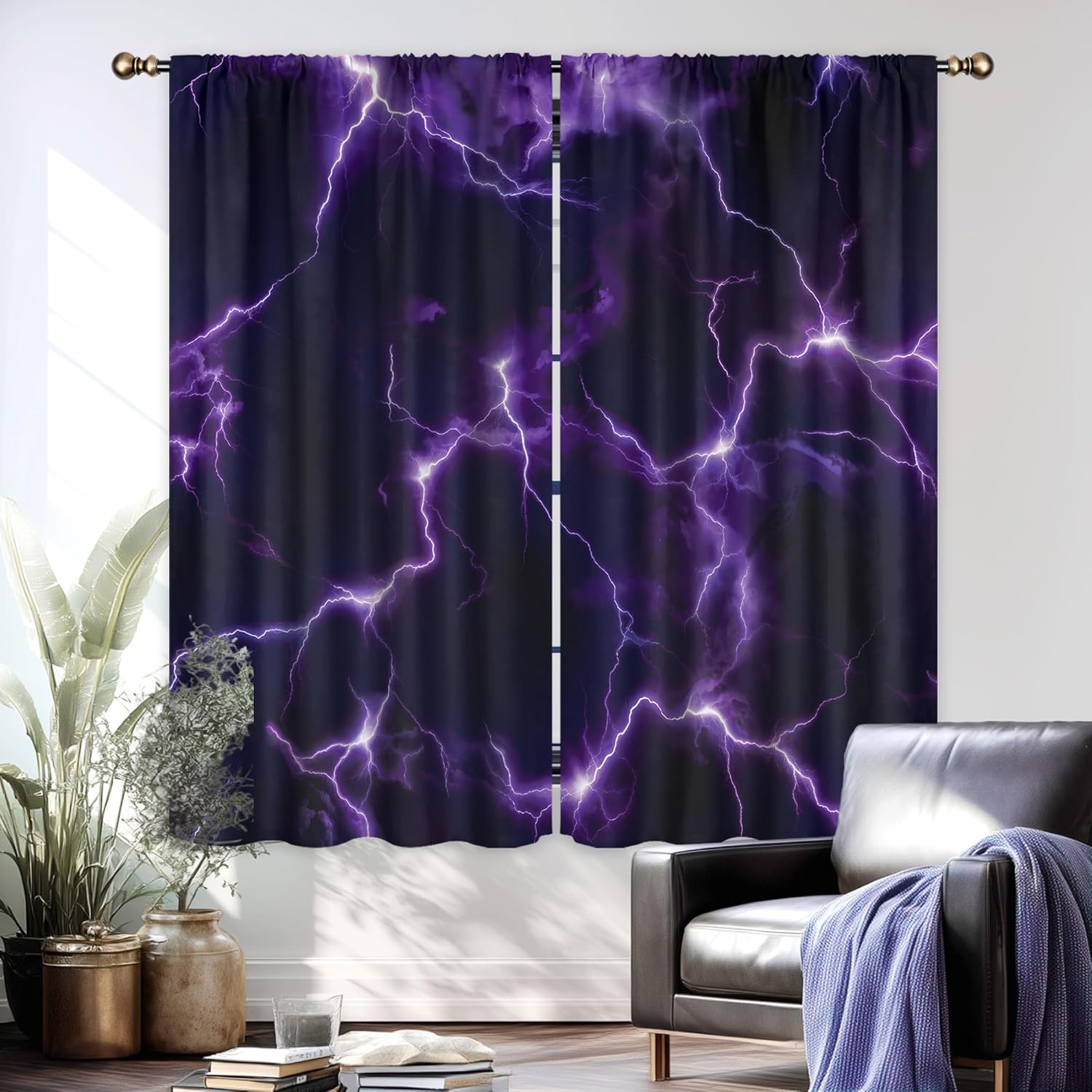 LIGHTINHOME Purple Lightning Curtains 42Wx63H Inch Night Sky Weather Nature Thunderstorm Climate Modern Cool Aesthetic Rod Pocket Bedroom Living Room Window Drapes Treatment Fabric 2 Panels