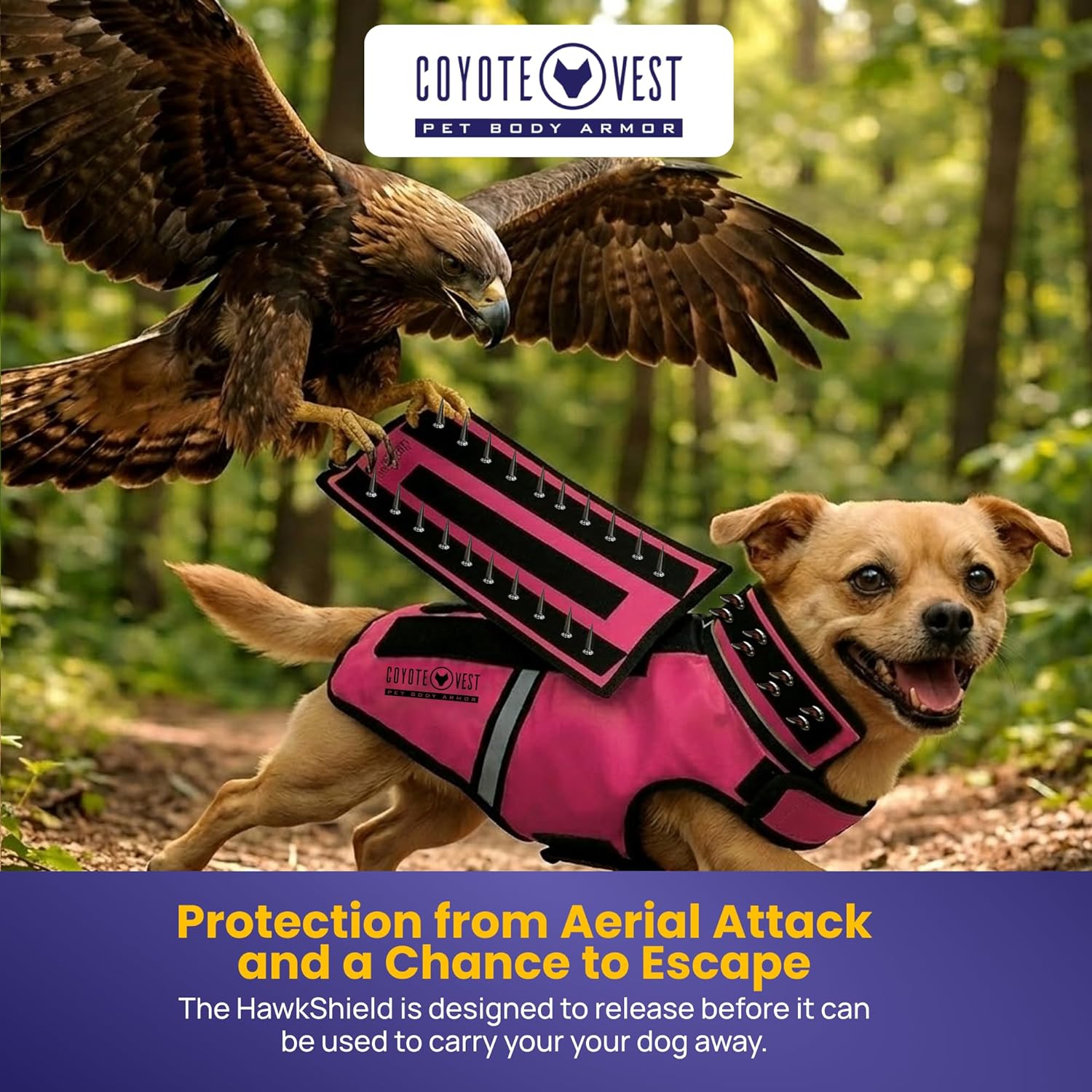 CoyoteVest HawkVest Dog Harness Vest for Small Dogs, Reflective Dog Vest with Spikes to Shield Your pet from Coyotes, Raptor and Animal Attacks, Anti Hawk Vest, Made in USA (Pink, S)