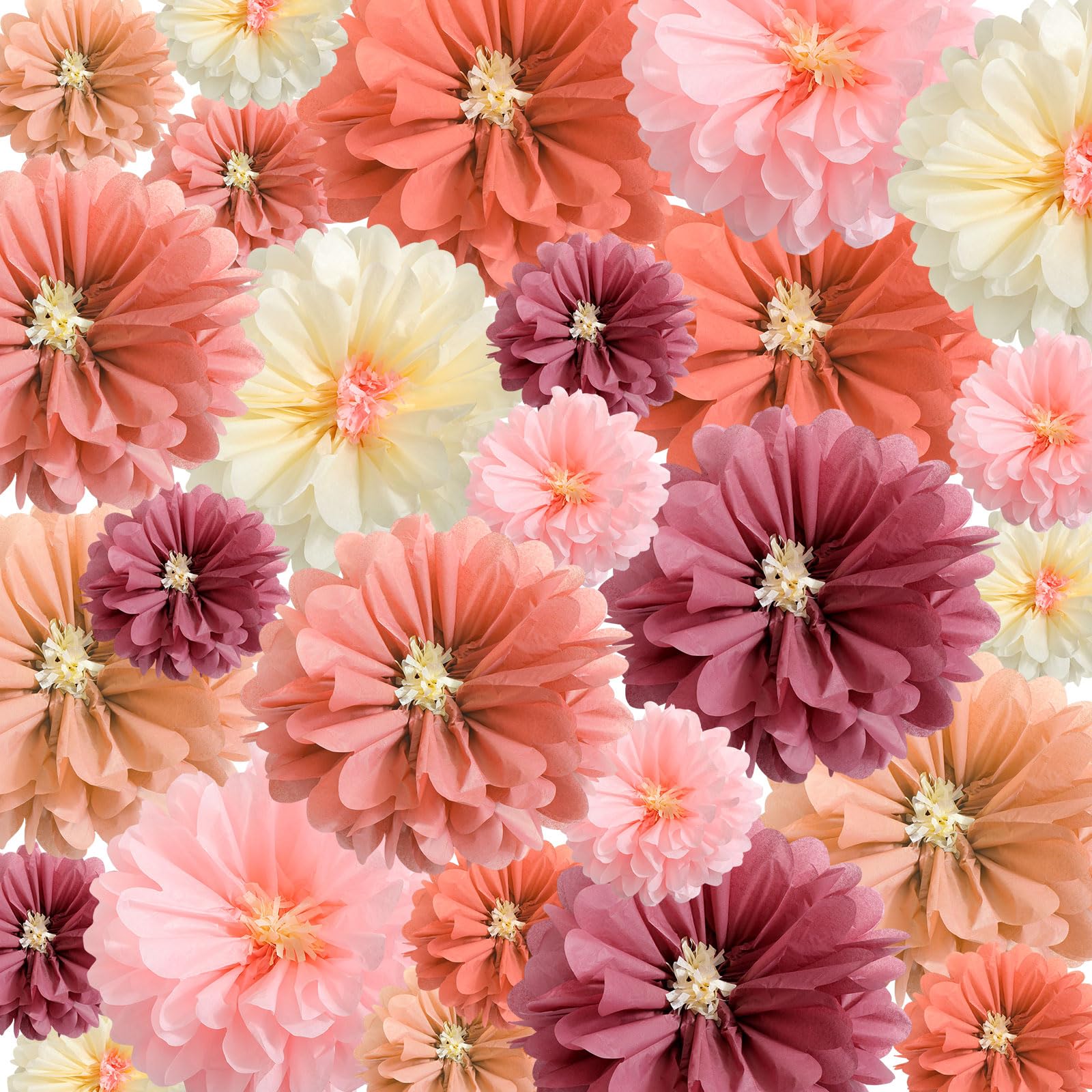 Watersay 24 Pcs 10" 20" Large Tissue Paper Flowers, Dusty Color | Colorful Mexican Paper Flowers Decorations for Wall, Giant Crepe Big Tissue Pompoms Craft Backdrop Decor for Wedding Birthday