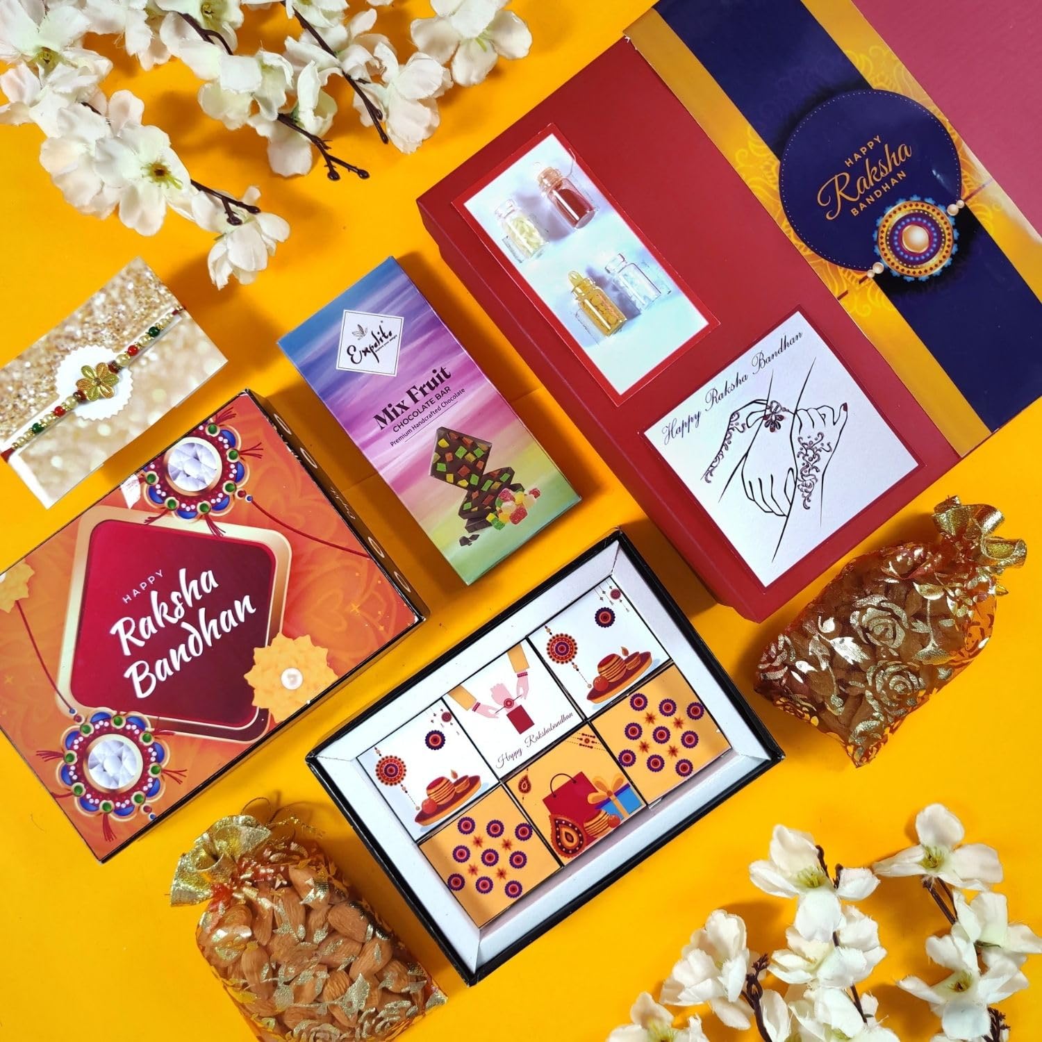 Expelite Rakhi Gift Hamper - Chocolate Bar(35gm) with Dry Fruit, Mix Fruit, Rakhi, Roli, Chawal, Unique Packaging & Sweet Messages, Perfect for Brother/Bhai (B0DC47PG6M) Amazon Price History, Amazon Price Tracker