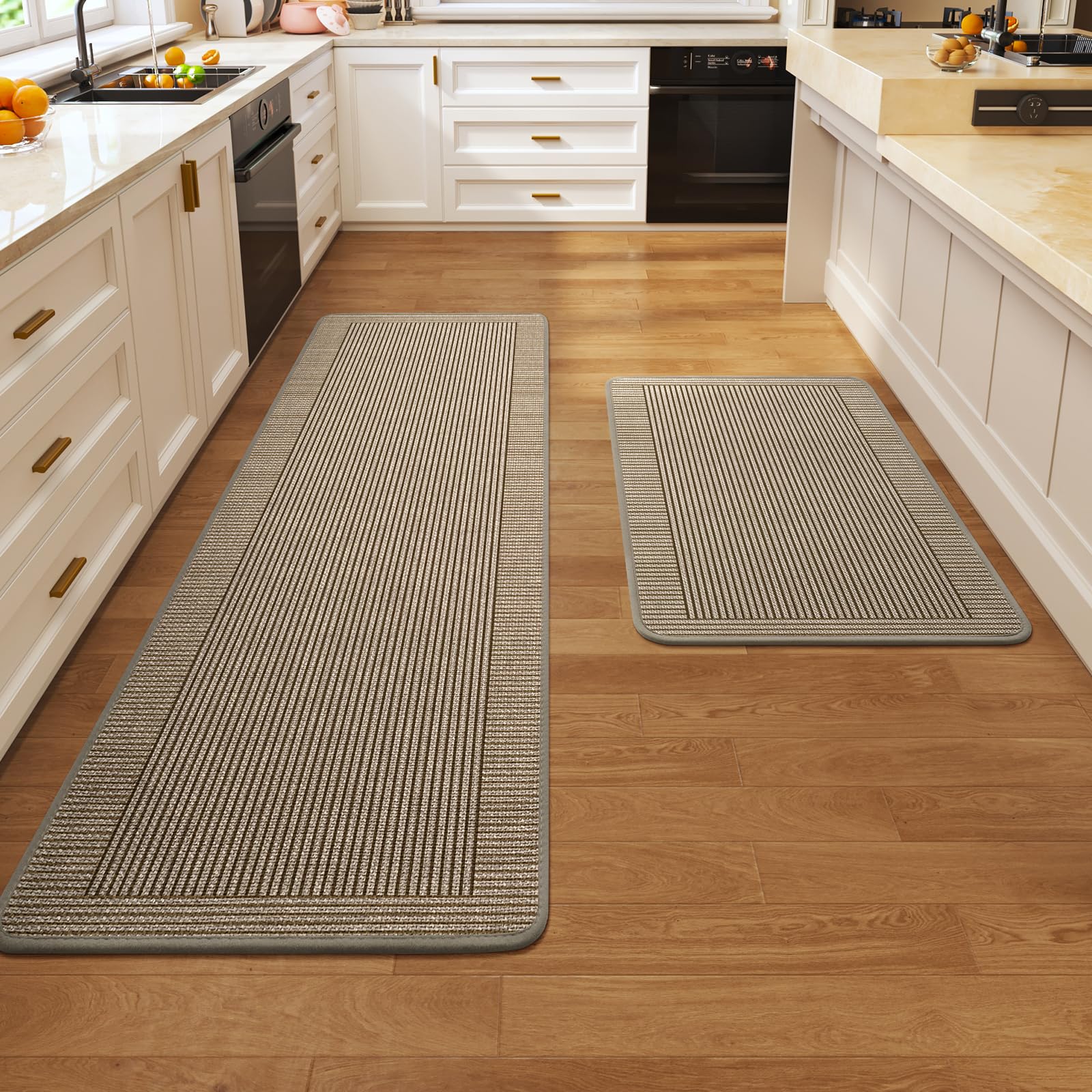 Quqei 2 Pieces Kitchen Rugs Set, Non Slip Washable, 43x75+43x150 CM Brown