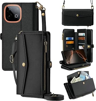 Compatible with vivo iQOO Z10 Turbo Pro Case Wallet Leather Multi-Card, Crossbody Flip Folio Cover with Zipper Pocket, Detachable Strap, Shockproof Phone Case - black