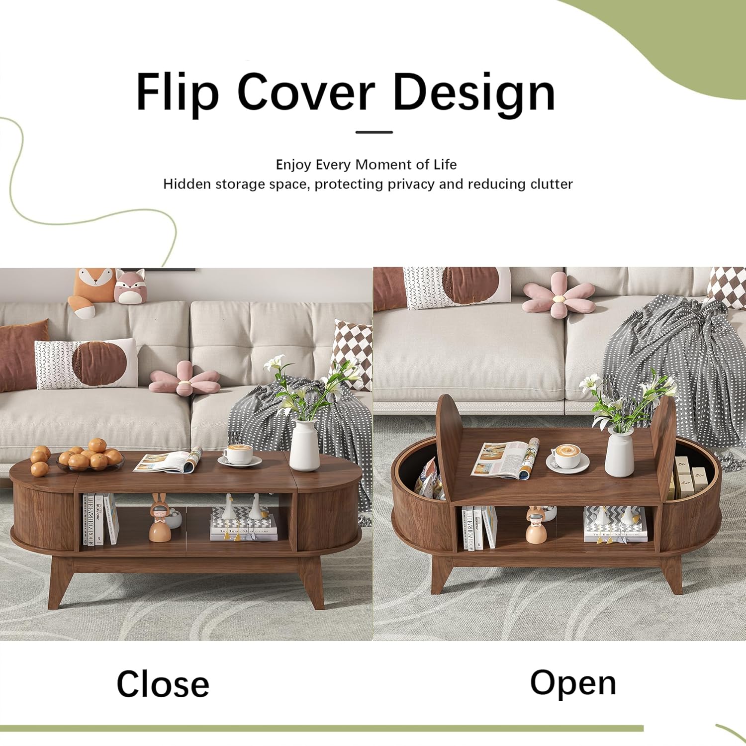 Coffee Table with Storage,Mid Century Modern Coffee Tables with 2 Flip-Top Hidden Lids,Fluted Coffee Table,Wood Center Tables for Living Room Home Office (Walnut Color)