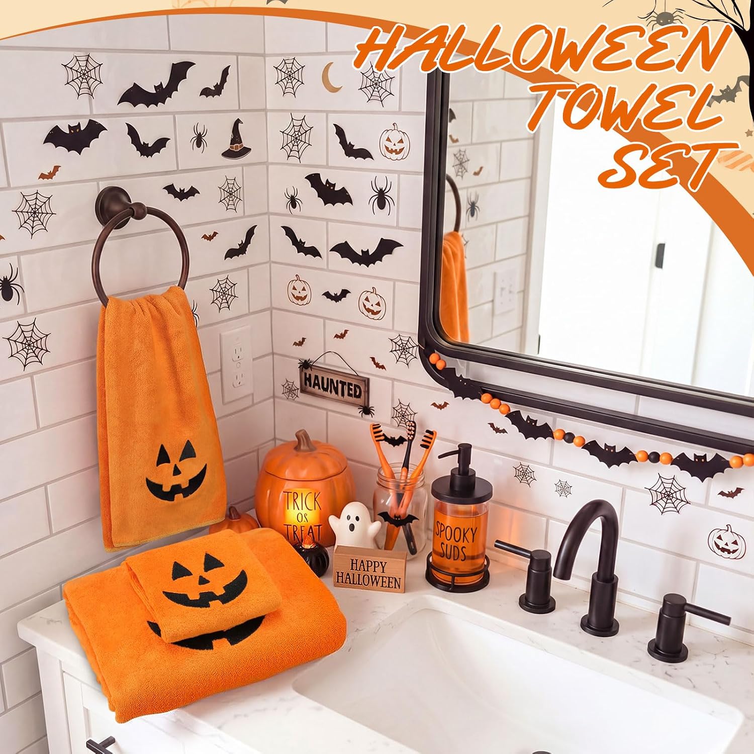 Gilprop 3 Pcs Halloween Towels Set, Orange Embroidered Pumpkin Face