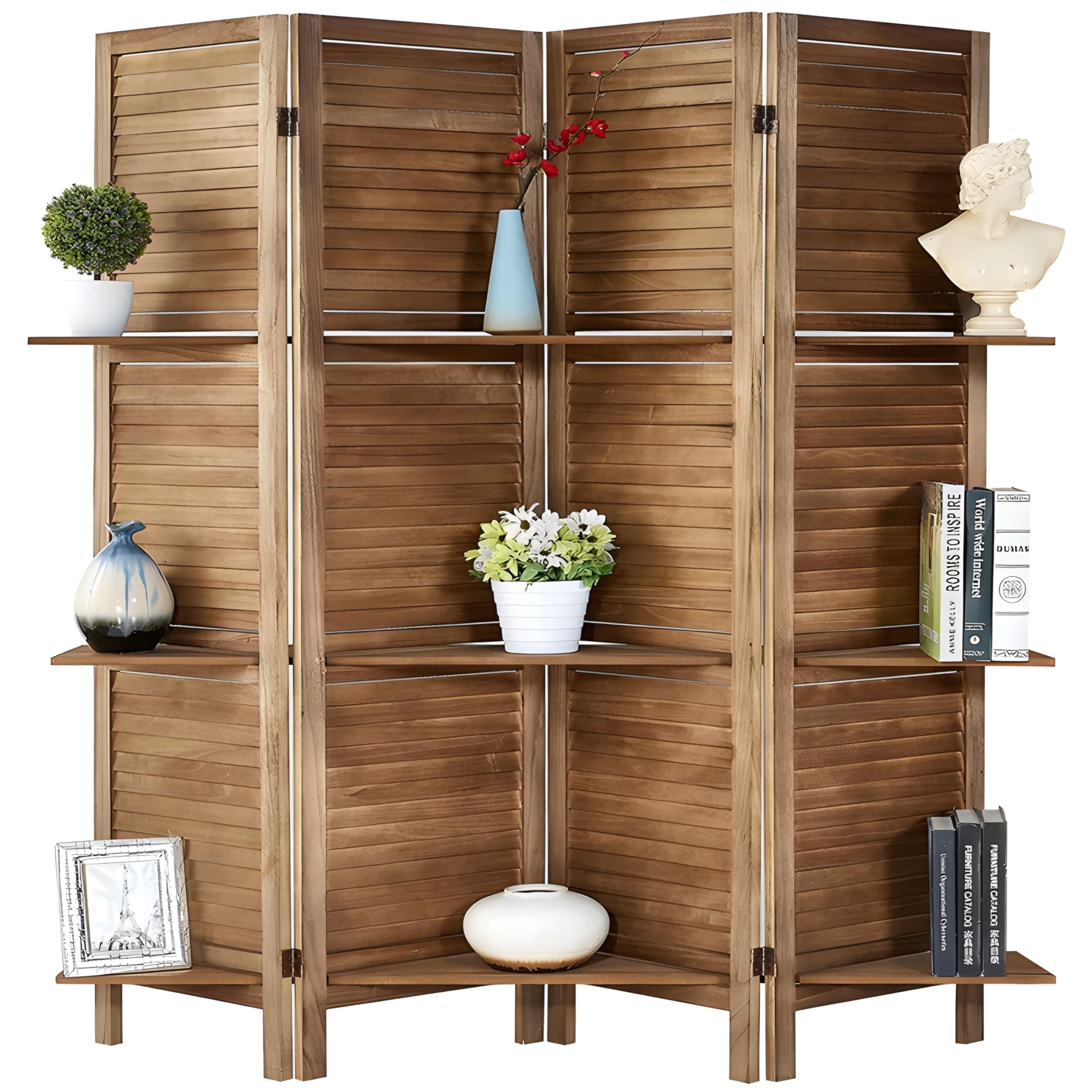 Wooden Room Divider Partition - Foldable Wood Screen Separator for Living Room, Bedroom, Office, Restaurant || Patti Design 4 Panel with 3 Shelves (Brown)-picture-12