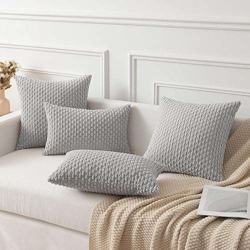 Miniatura 7 de Kevin Textile - Juego de 2 fundas de cojín decorativas de terciopelo de pana a rayas súper suaves para cama, 20 x 20 pulgadas, color gris claro