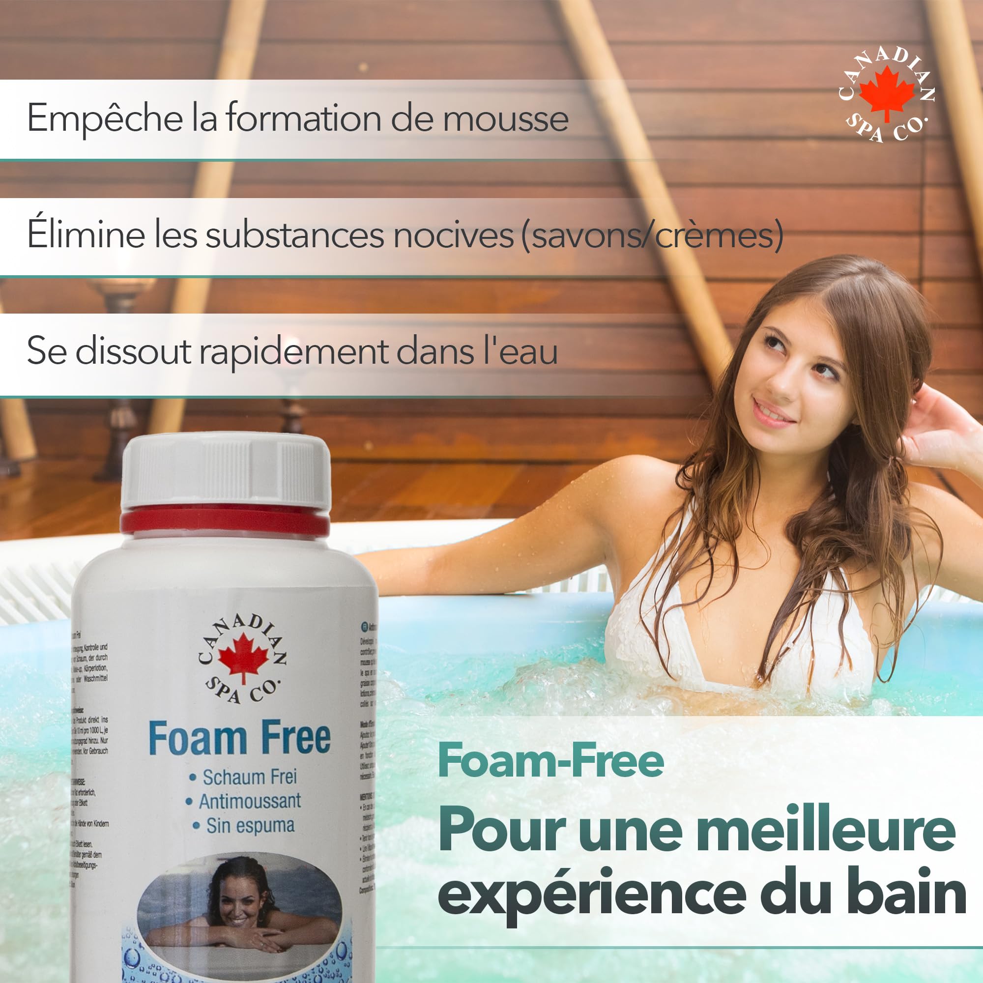 Canadian Spa Co. Anti-Mousse Spa Foam Free, Traitement antimousse prêt à l’Emploi pour Spa et Piscine, Anti écume pour Spa, Dissolution Rapide, Dosage 30 ML/m³, Flacon 500 ML