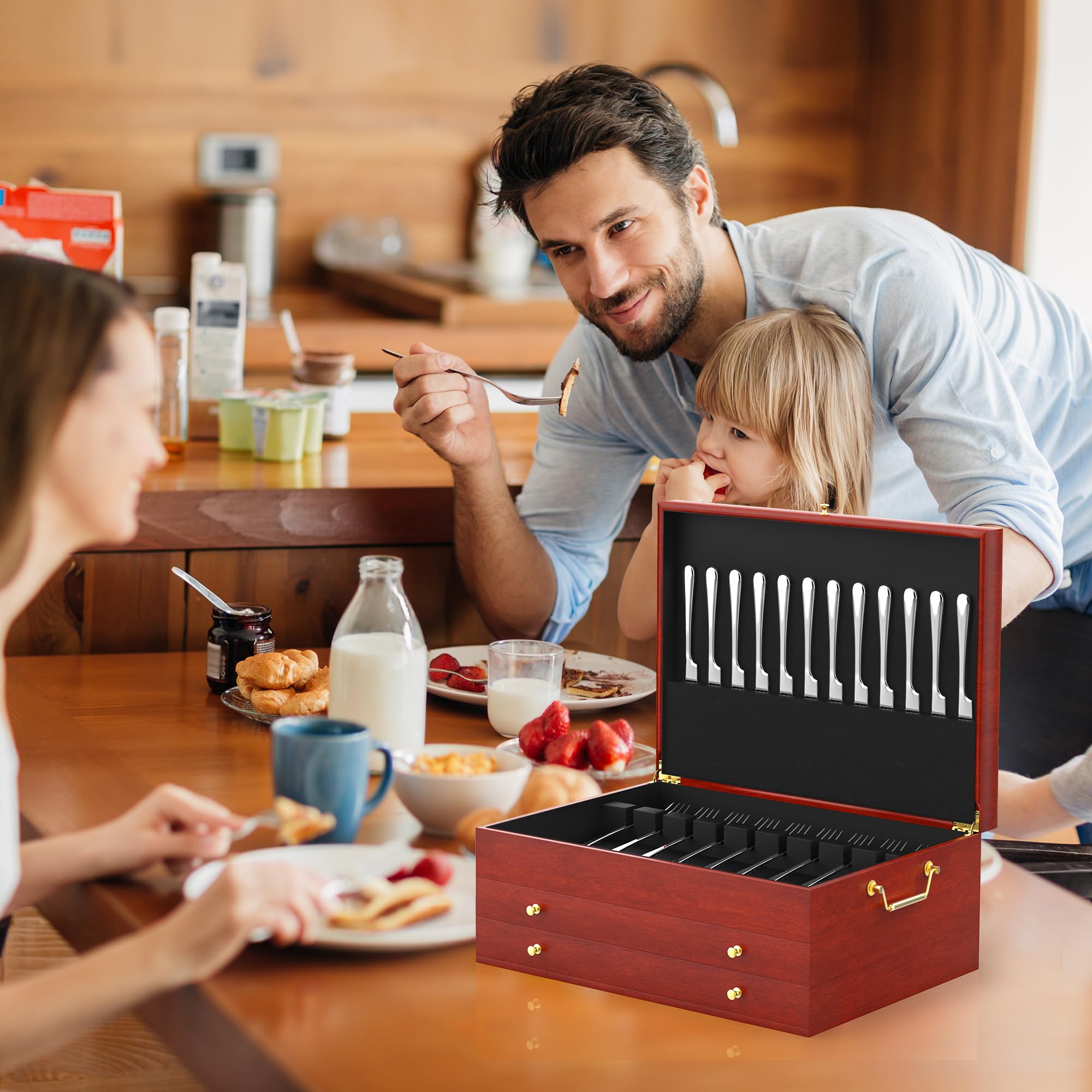 Besteck-Aufbewahrungsbox, 3-lagig, Holz, Bestecktruhe, 38,1 x 27,9 cm, Besteck-Aufbewahrungsbox mit Griff und Filzfutter, luxuriöses Dekor zur Aufbewahrung von Bestecksets aus Sterlingsilber für