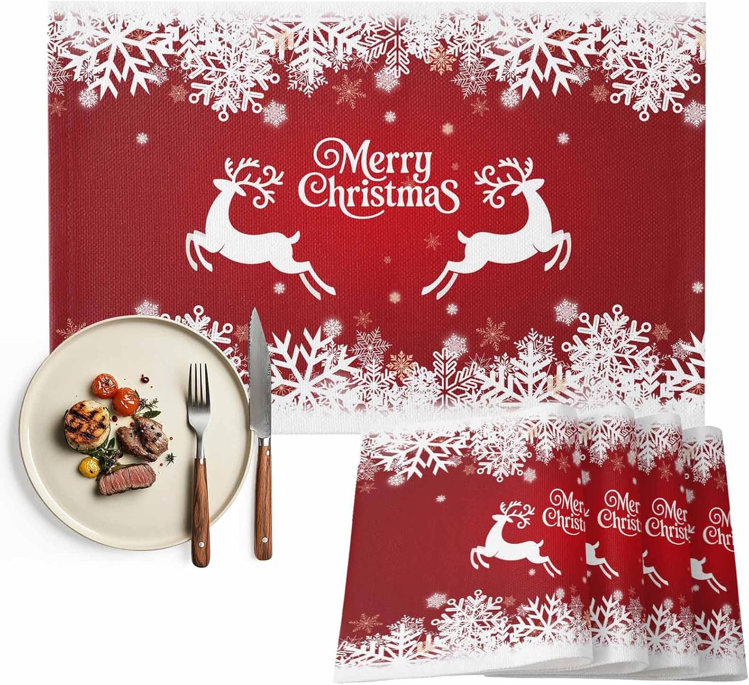 Snowflake Deer Christmas Placemats Set of 6, Washable Cotton Linen Table Mats for Kitchen Dining Table, Heat Insulation Place Mats for Indoor Outdoor Parties, Holiday Decorations