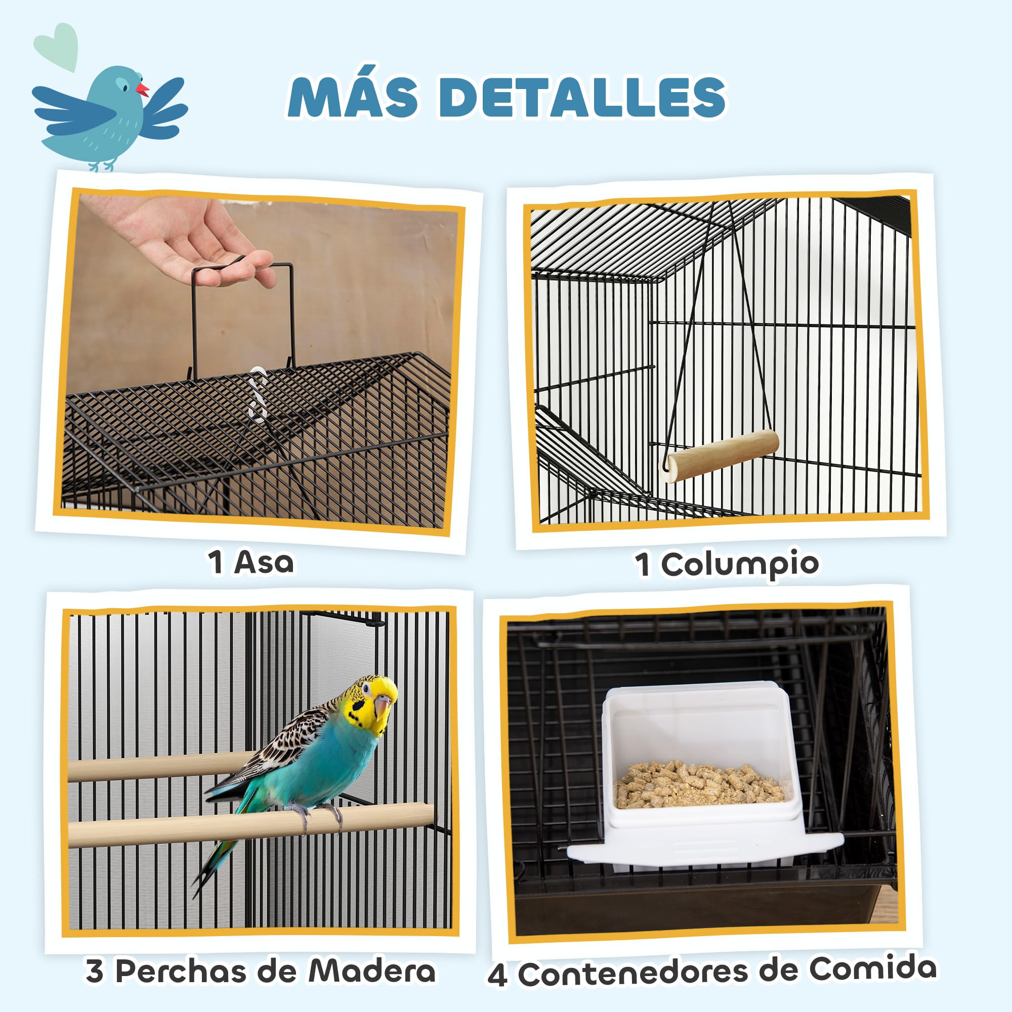 PawHut Jaula para Pájaros con Ruedas Pajarera de Acero 50,5x41x163 cm con Comederos Perchas Columpio y Bandeja Extraíble Jaula Grande para Loros Canario Periquito Negro
