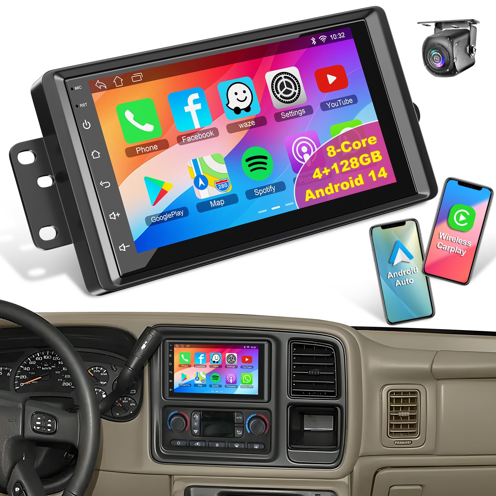 Photo 1 of (4+128GB) Android 14 Car Radio for 2003-2006 Chevrolet Chevy Silverado Impala Tahoe GMC Siera Yukon,7 Inch IPS Touch Screen, Siera Radio with Bluetooth/WiFi/GPS/FM/SWC/Backup Camera