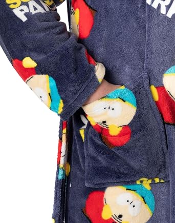 South Park Mens Hooded Bathrobe | Adults Cartman All Over Print Graphic Dressing Gown in Navy | Cartoon Fleece Loungewear