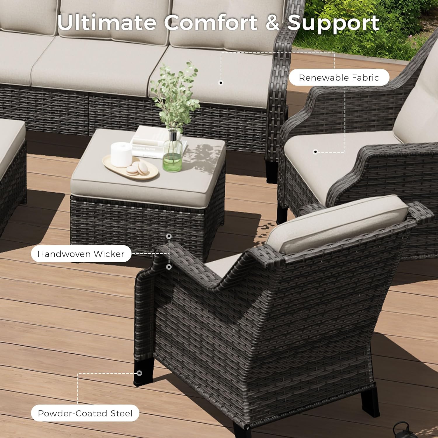 Outdoor Patio Chairs Set of 2, Wicker Patio Furniture with Thick Cushions, Curved Armrest, Deep Seating, Rattan Outdoor Chairs for Porch, Deck, Balcony