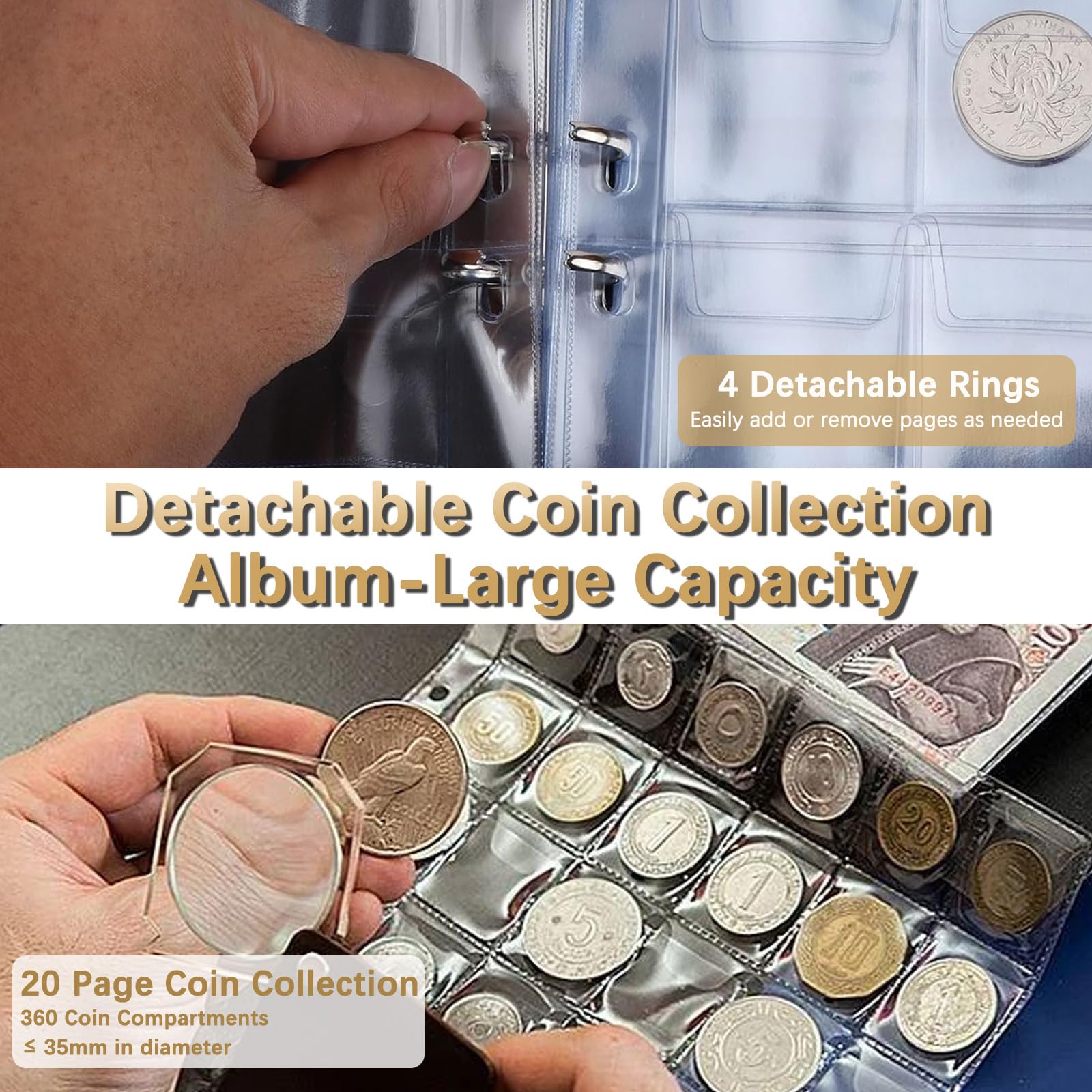 Album De Collection De Pièces 360 Pochettes – Classeur étanche Avec 4 Anneaux | Pour Pièces Jusqu’à 3,5 Cm – Cadeau Collectionneur