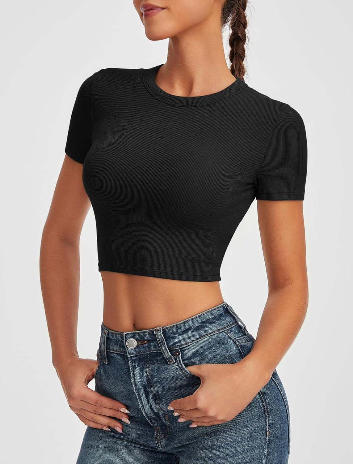 Crop Tops for Women Ribbed Crew Neck Short Sleeve Basic Tees Fitted T-Shirts Gym Workout Yoga Shirts - Image 5