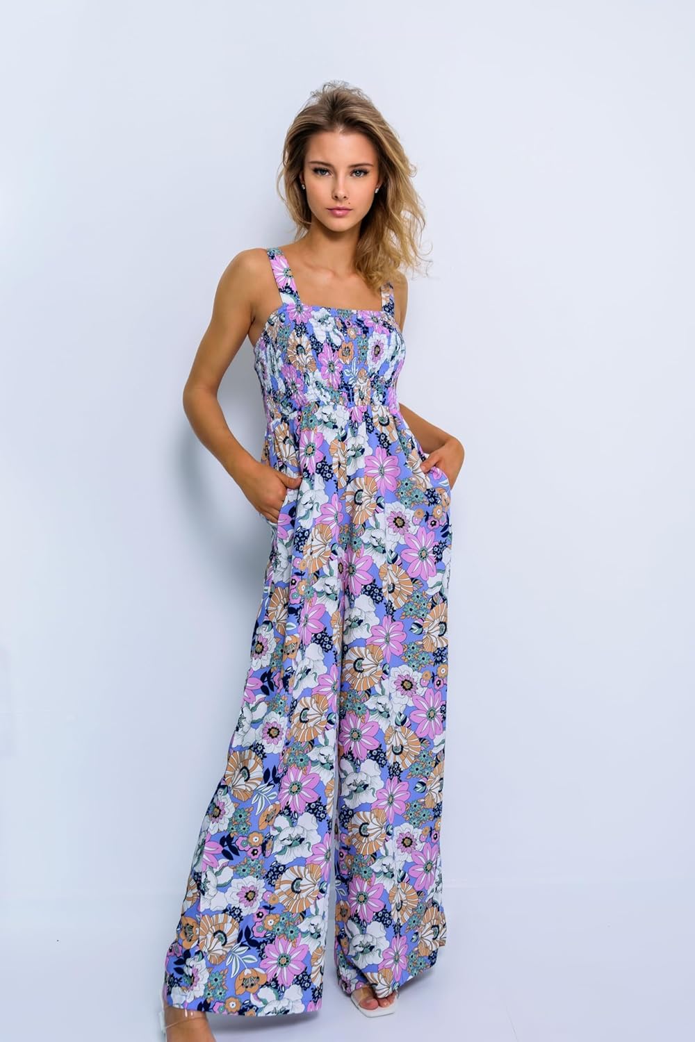 Happy Sailed Jumpsuits for Women Summer Casual Floral Print Sleeveless Jumpsuit High Waist Wide Leg Pant Rompers with Pockets - Image 7