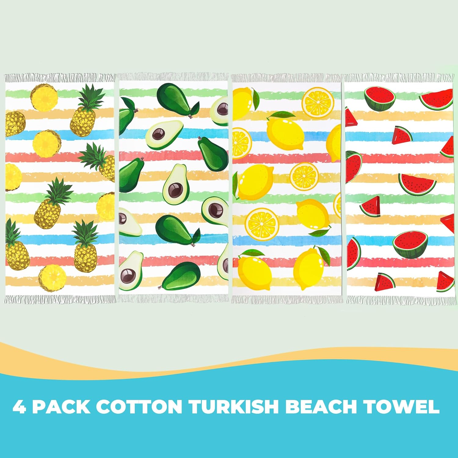 Whale Flotilla 4 Pack Cotton Turkish Beach Towel 35x70 Inch, Oversized Soft Absorbent Camping Swimming Travel Pool Towel with Stripe Cute Fruit Pattern