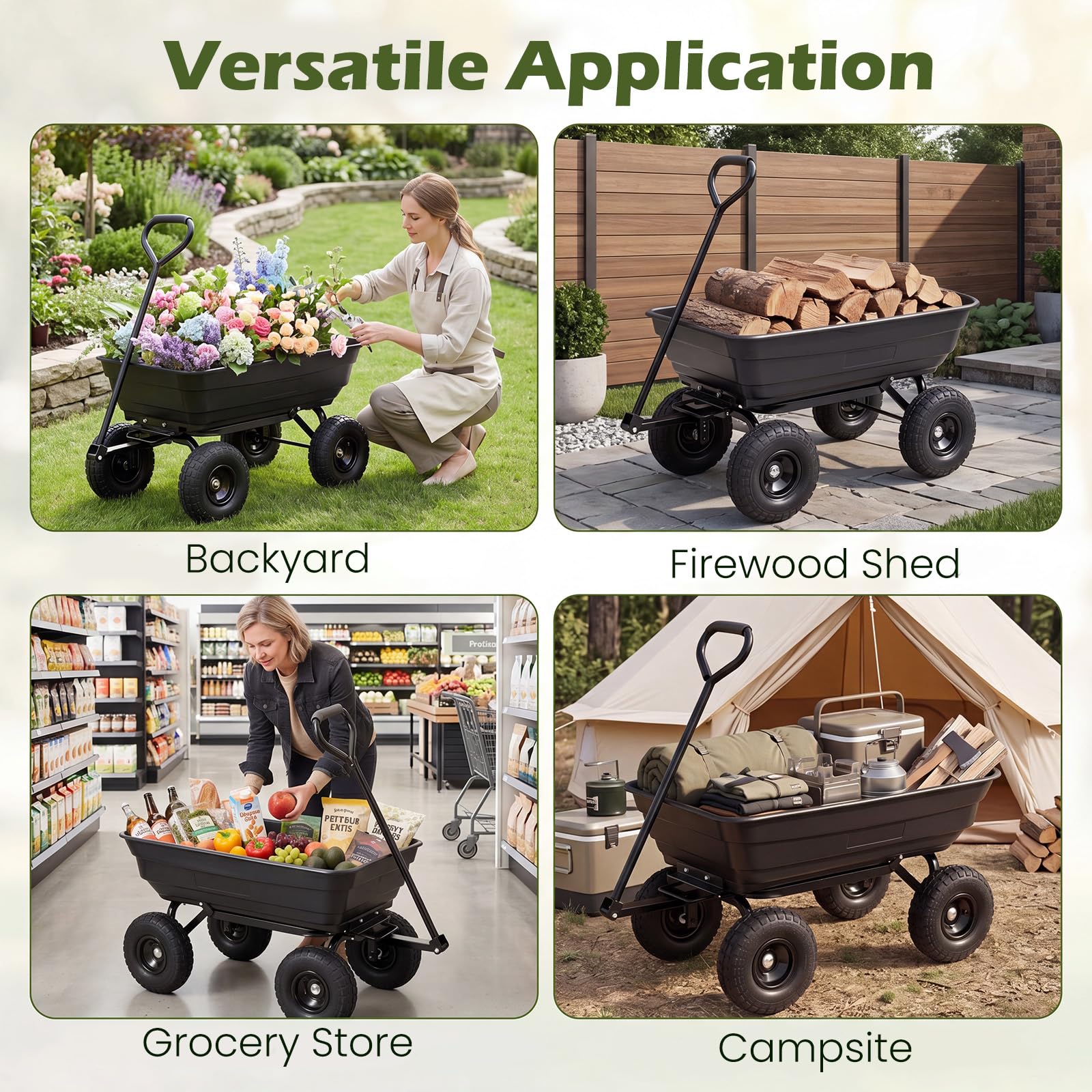 HOMASIS Gartenwagen mit Kippfunktion, belastbar bis 300 kg, Schwarz | Handwagen mit 75L Kunststoffwanne, verstellbarem Griff & stoßdämpfenden Luftreifen, Transportwagen für Hof & Supermarkt