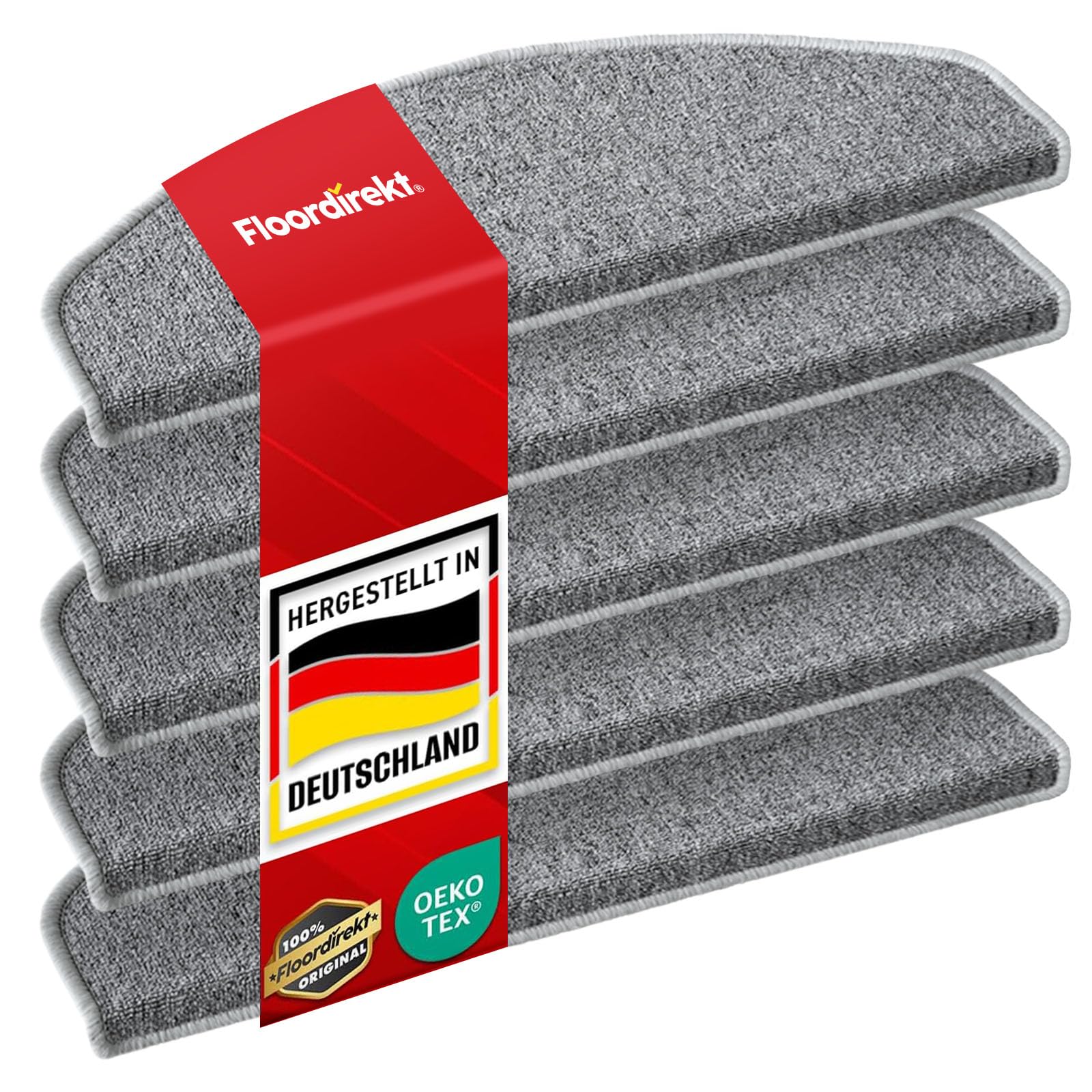 Floordirekt Treppenstufen Matten - London Pro Grau - 1 Stück Stufenmatten Treppenteppich halbrund 25x65 cm