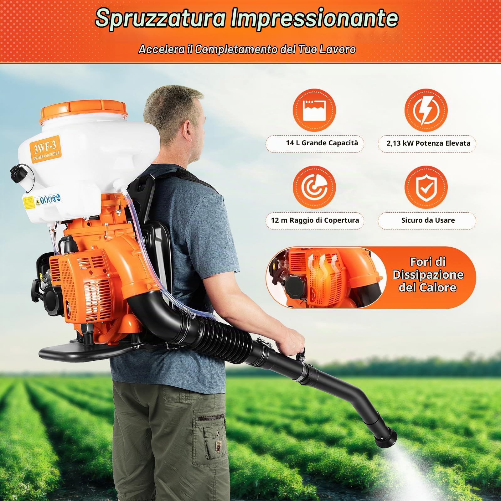 Nebulizzatore per motore a benzina a 2 tempi, con serbatoio da 14 l, 41,5 cc, spruzzatore a pressione, spruzzatore a pressione, oltre 12 m, siringa fertilizzante da giardino, agricoltura 3WF-3