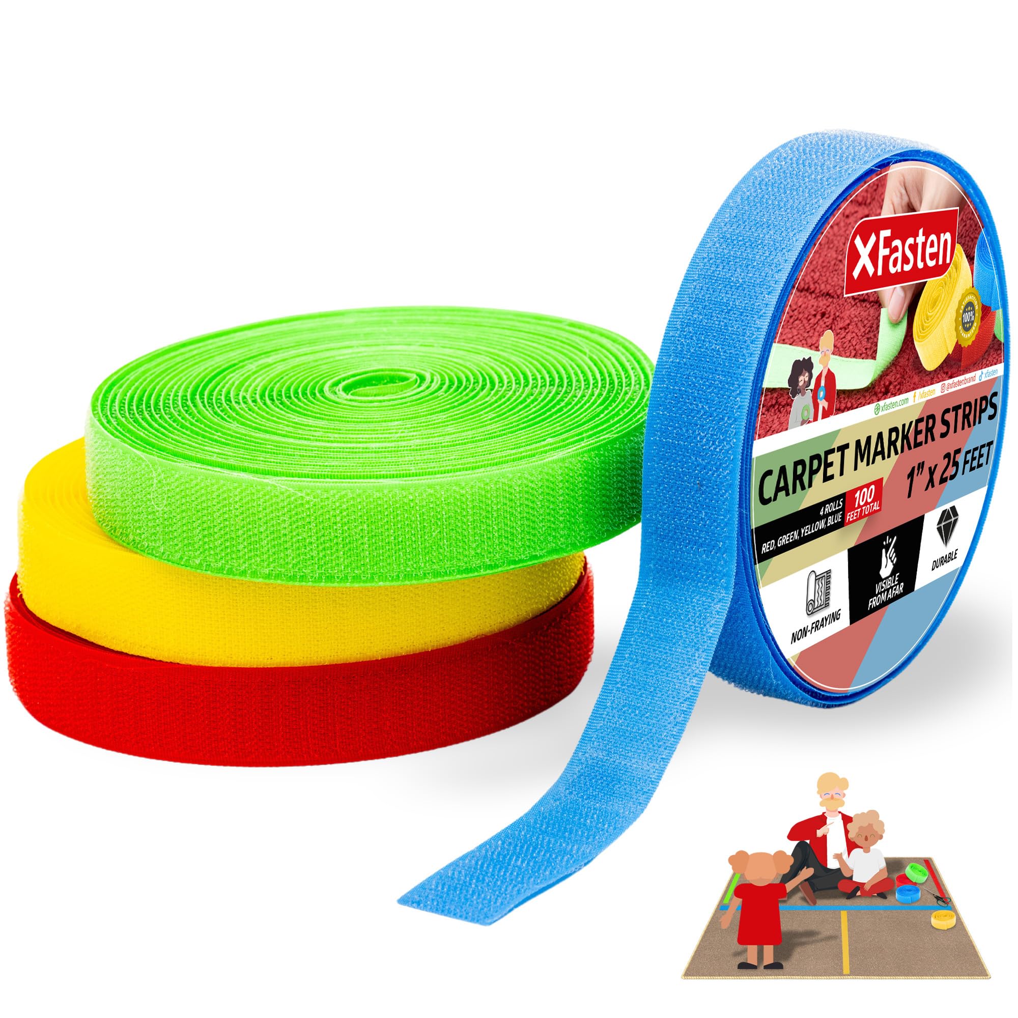 XFasten Carpet Marker Strips for Classroom, 100 Feet (4 Rolls) Carpet Markers for Teachers, Sit Spots for Classroom Carpet, Floor Tape Sensory Path