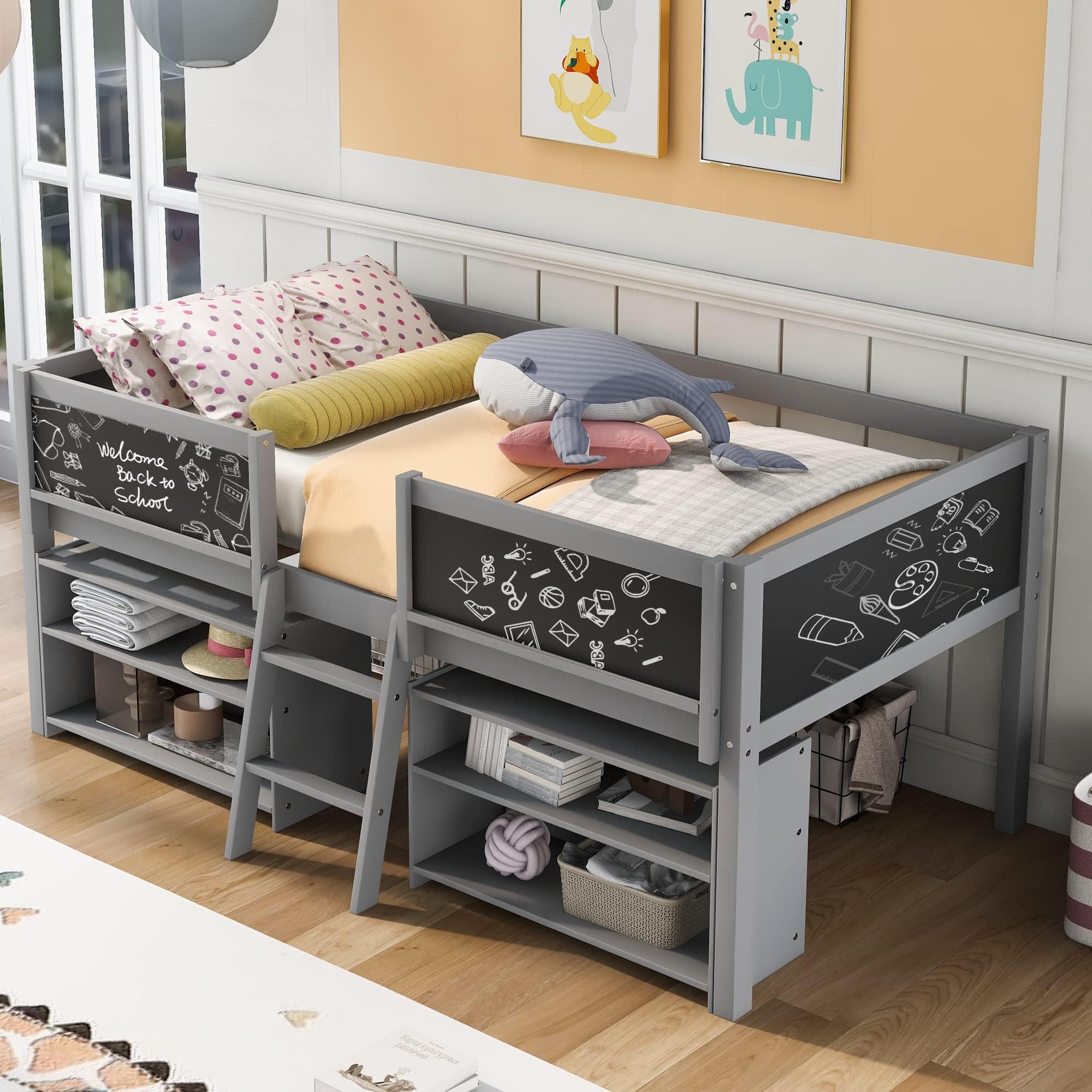 Twin Low Loft Bed with Movable Storage Shelves & Decorative Guardrail Chalkboard for Kids,Wooden Twin Loft Bed Frame with Two-Step Ladder and Under-Bed Play Area for Boys Girls,Space Saving,Gray