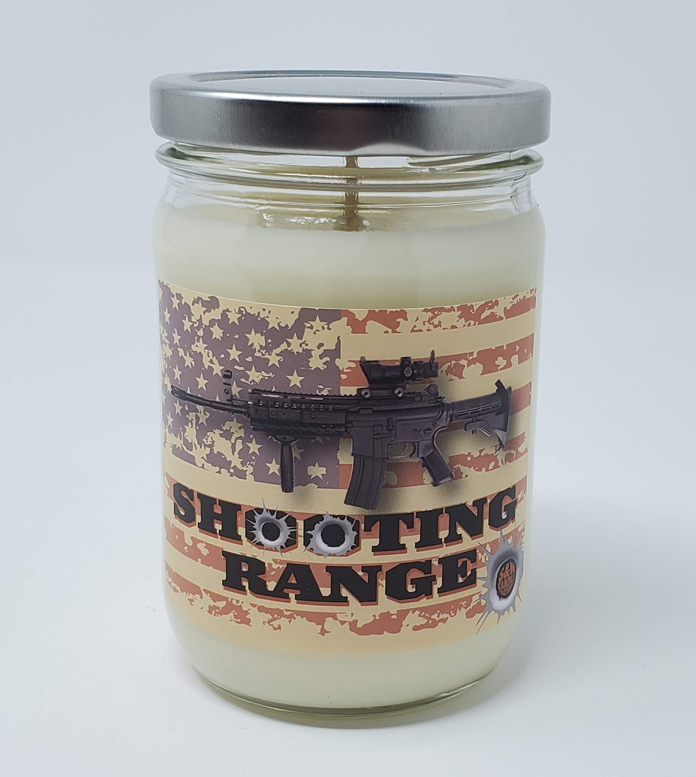 S&M Candle Factory Shooting Range ~ Gun Powder & Spent Brass Scented Soy Wax ~ Soy ~ 100% Made in USA (12oz Glass Jar)
