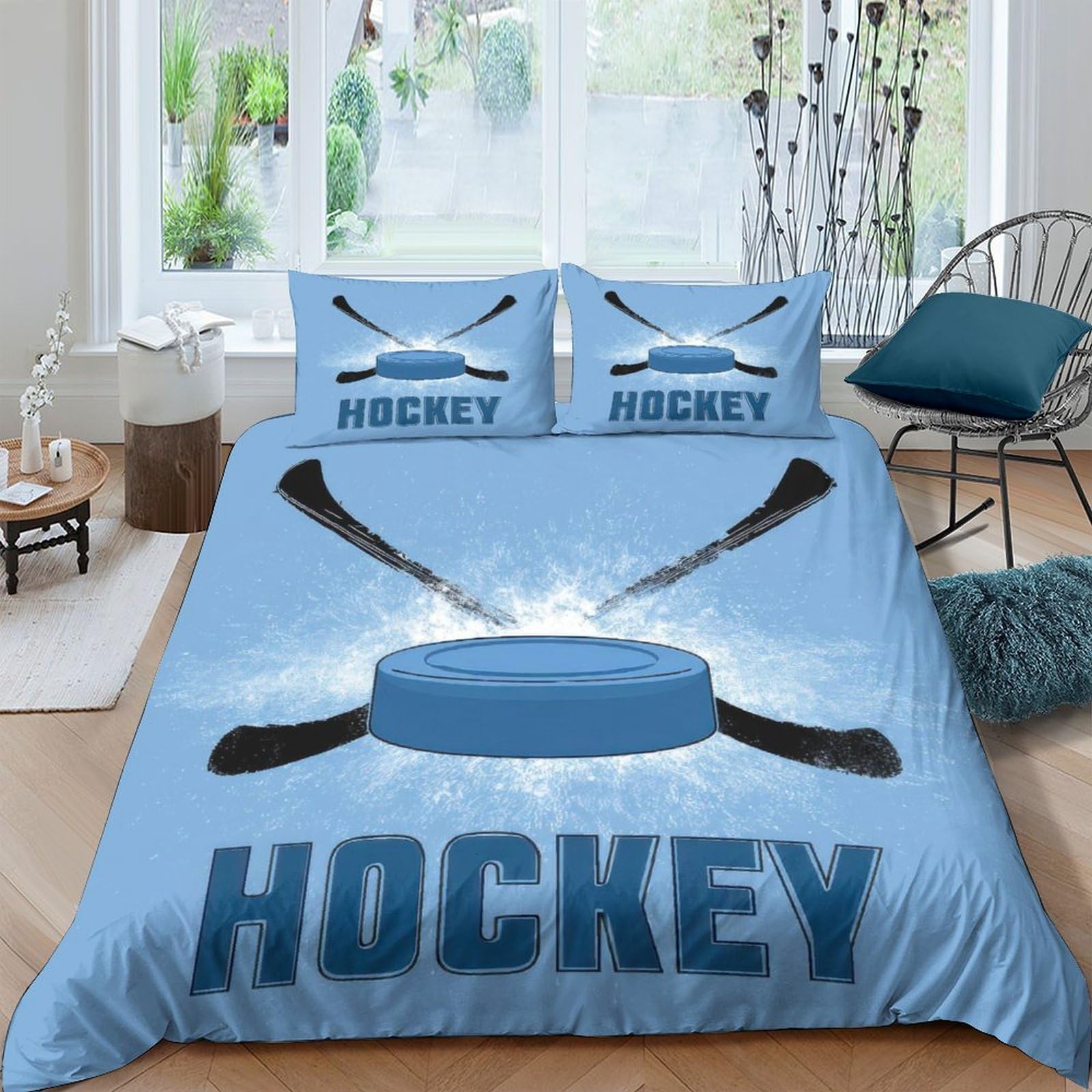 Ctjqhvkz Style-7 3D Printed Hockey Theme Fitted Sheet Microfiber Blue Sports Decor Ice Stick Bed Cover For Bedroom Guest Room Single（135X200cm）